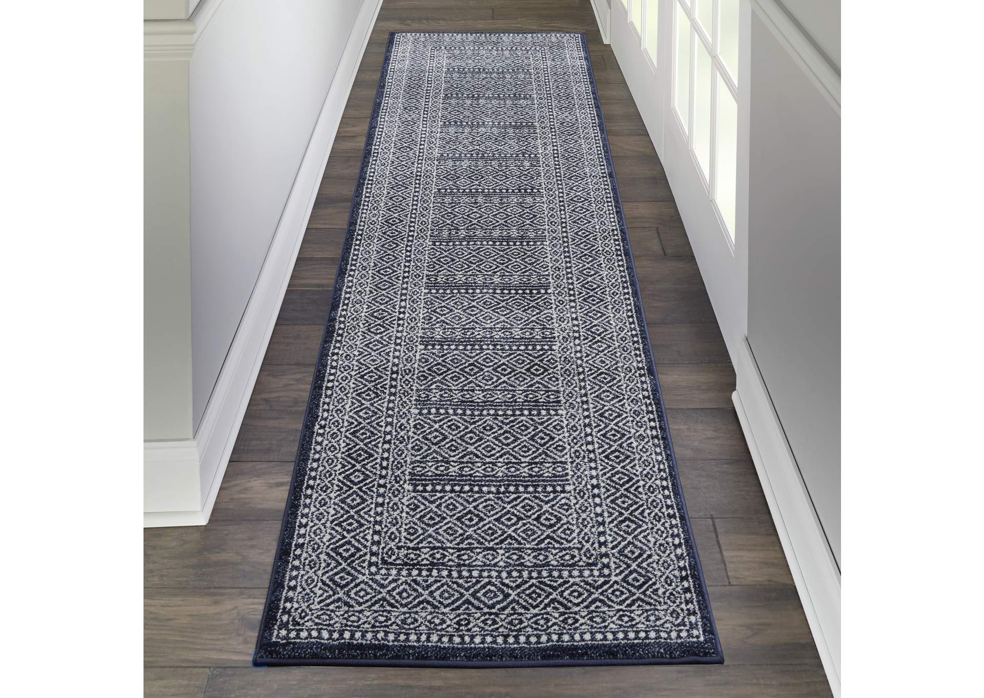 Nourison Palermo 8' Runner Navy and Grey Distressed Bohemian Area Rug,Nourison
