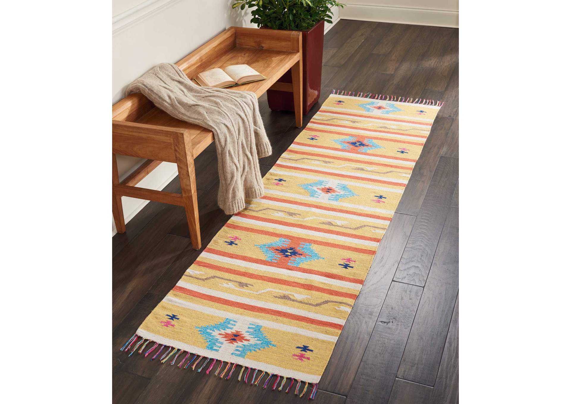 Nourison Baja BAJ03 Yellow 8' Runner Flat Weave Hallway Rug,Nourison