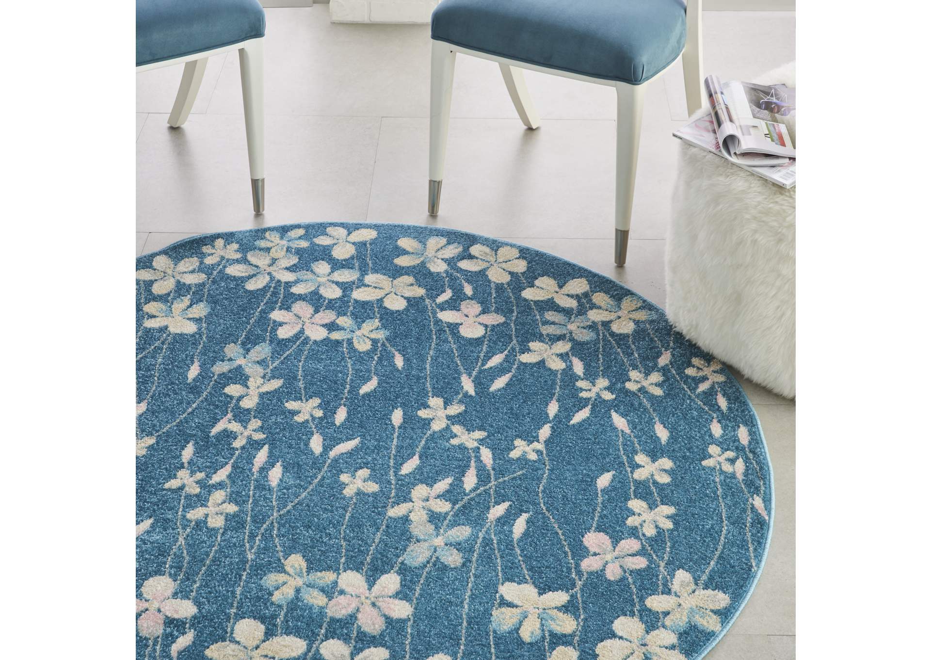 Nourison Tranquil TRA04 Turquoise Blue 5' Round Floral Area Rug,Nourison