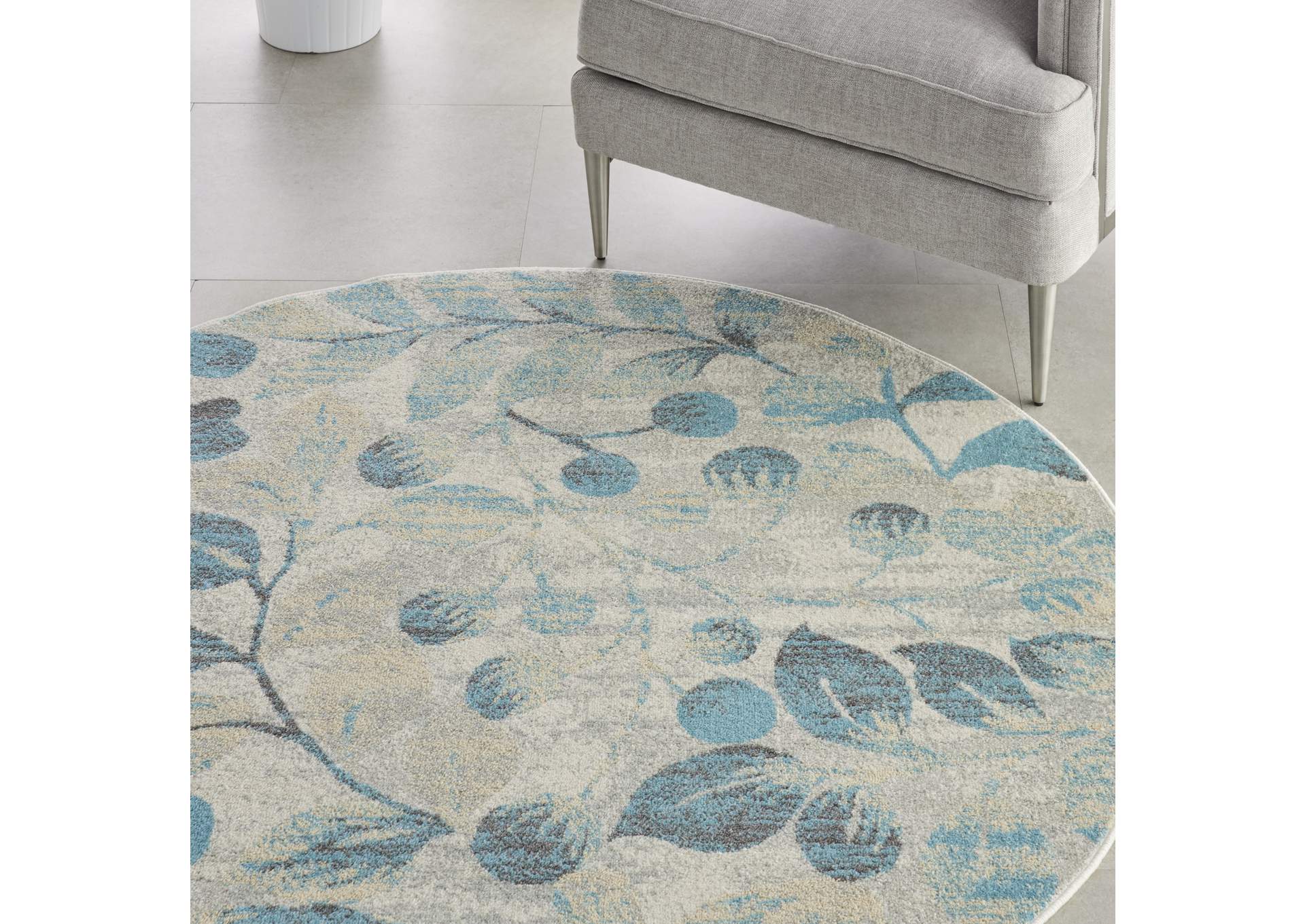 Nourison Tranquil TRA03 Turquoise and Beige 5' Round Botanical Area Rug,Nourison