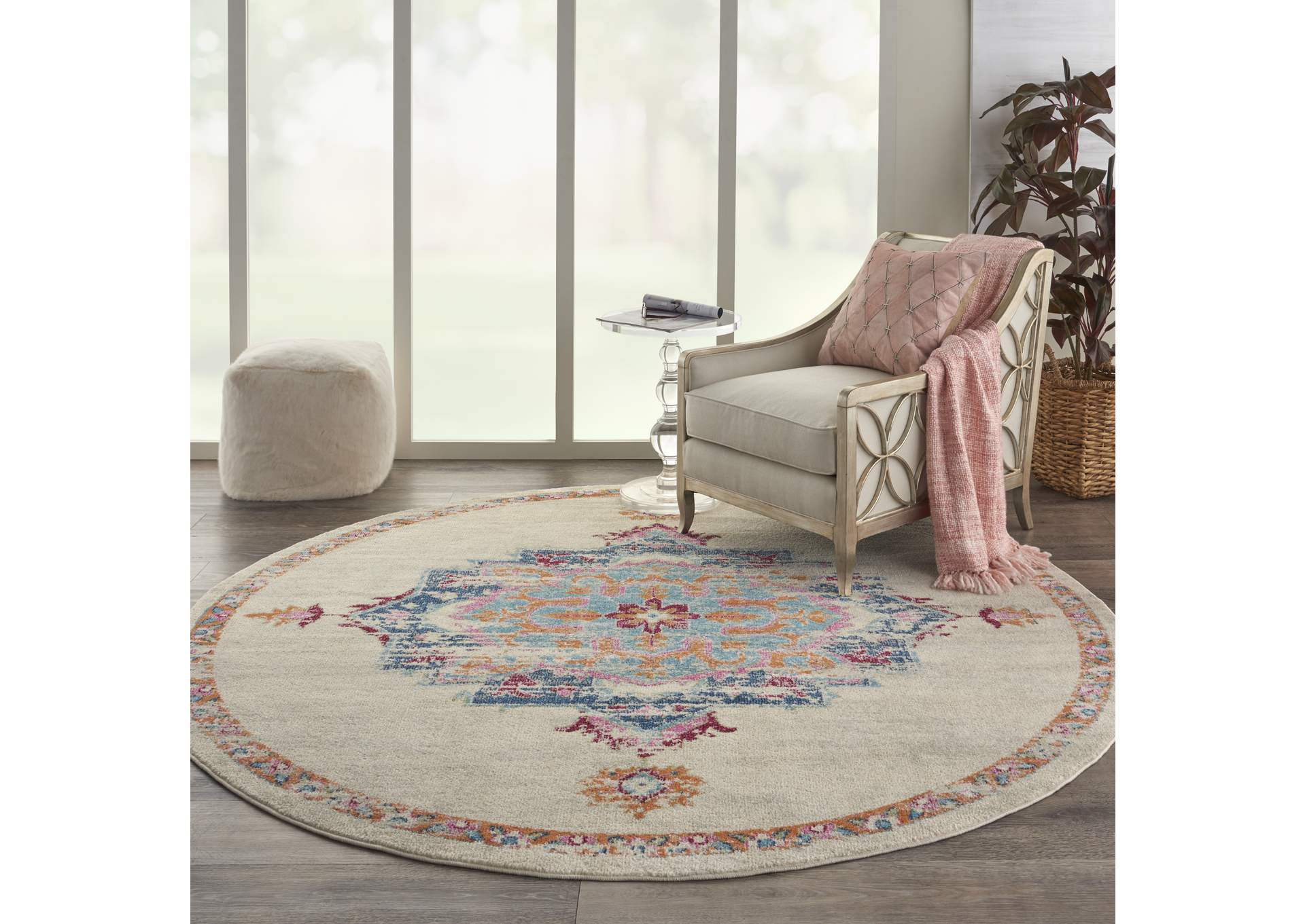 Nourison Passion 8' Round Grey, Ivory, Multicolored Bohemian Area Rug,Nourison