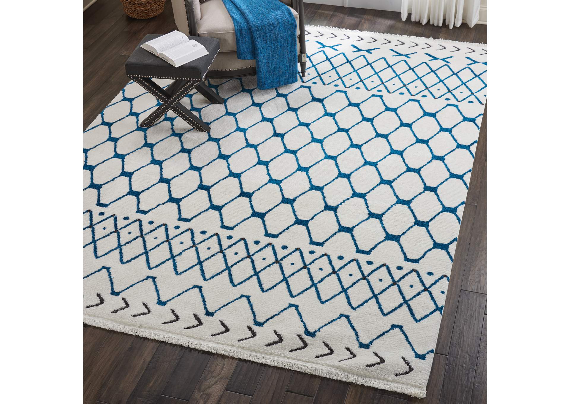 Nourison Kamala DS500 White and Blue 8'x11' Oversized Rug,Nourison
