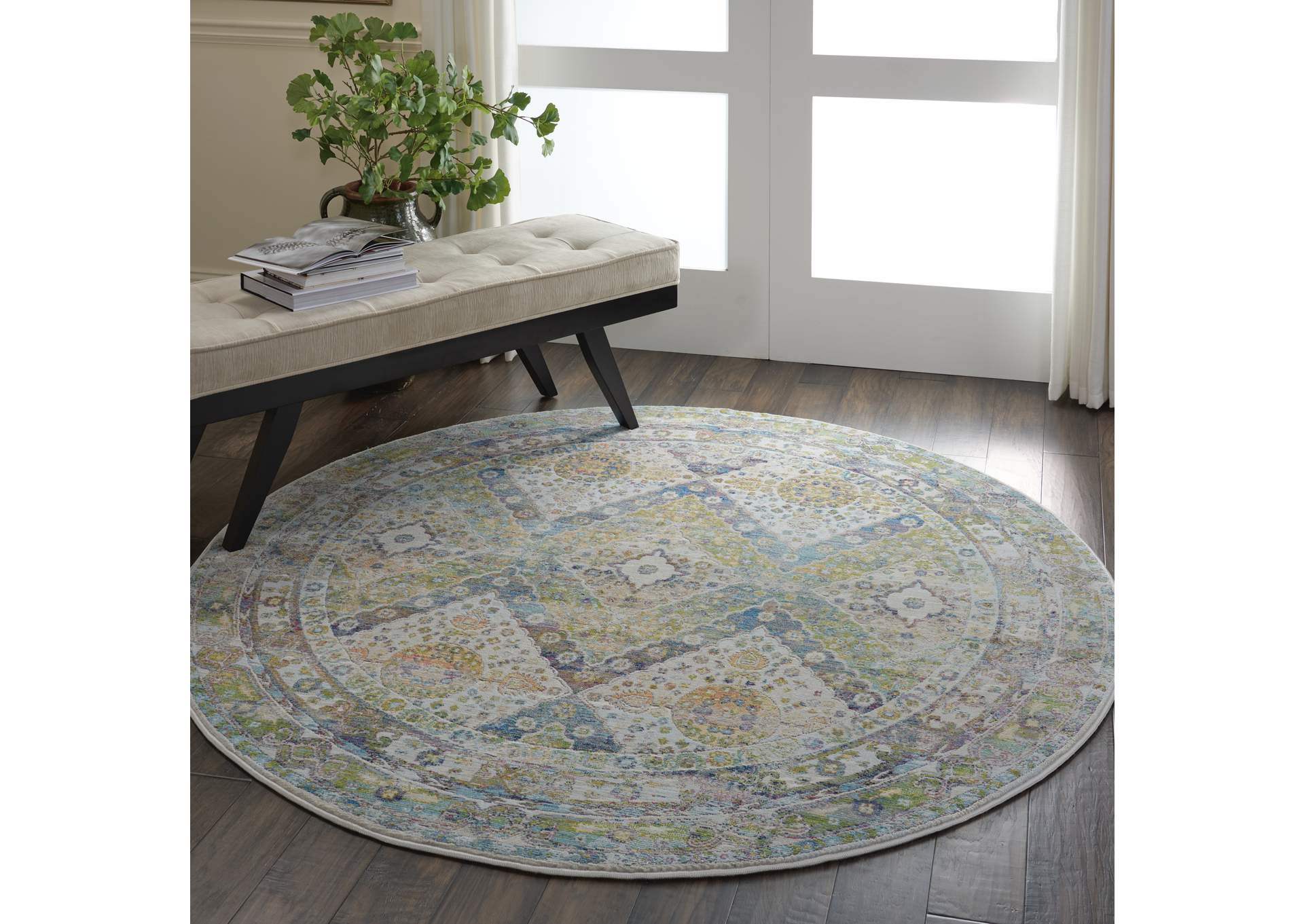 Nourison Ankara Global ANR07 Blue and Green 4' Round Farmhouse Area Rug,Nourison