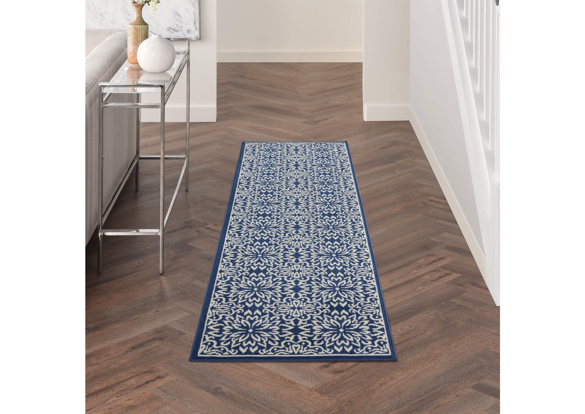 Nourison Jubilant 7' Runner Navy Ivory Transitional Area Rug,Nourison