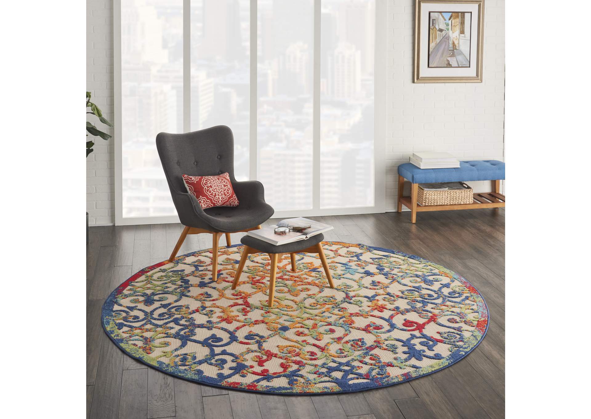 Nourison Aloha ALH21 8' Round Multicolor Easy-care Indoor-outdoor Rug,Nourison