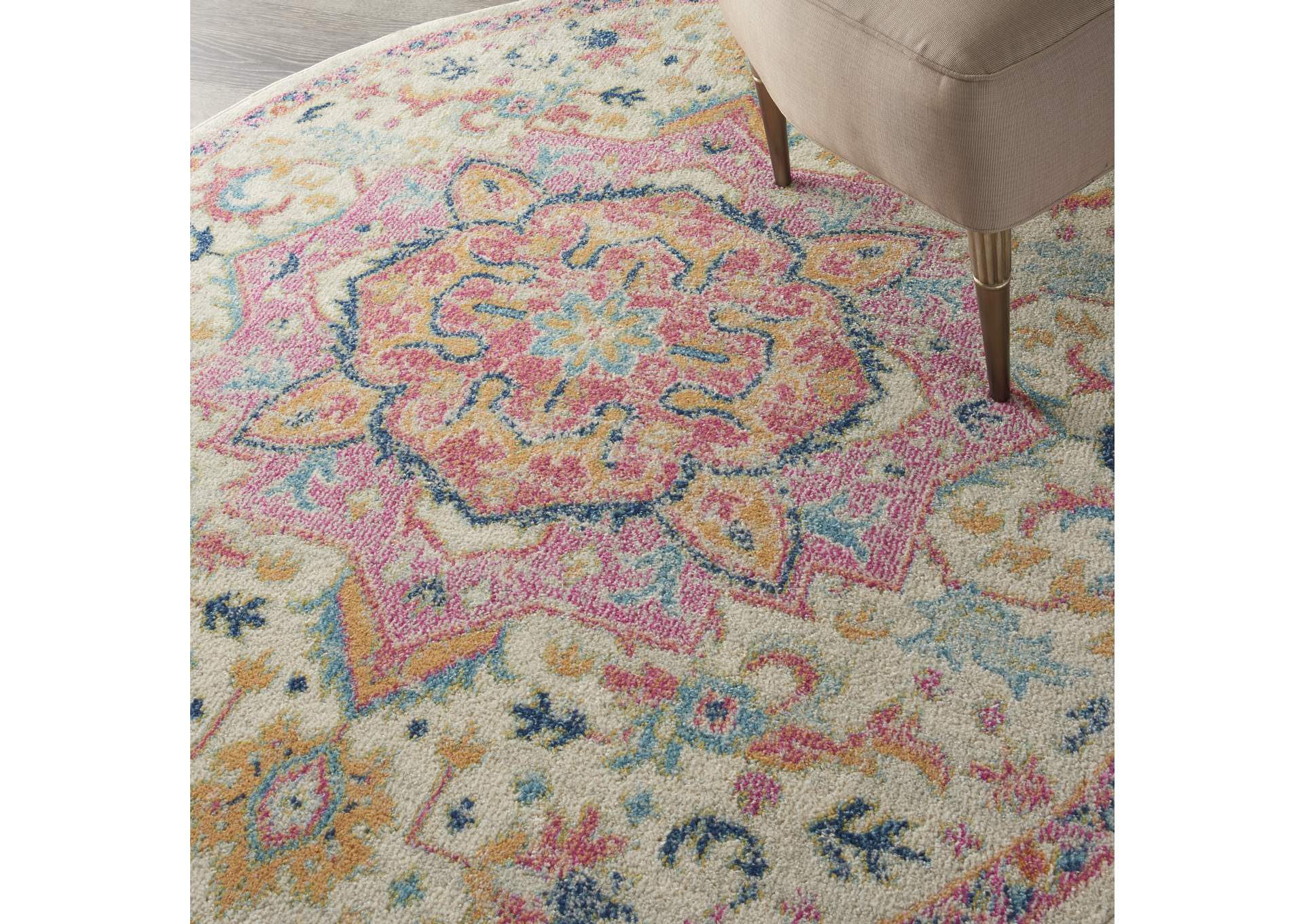 Nourison Passion 4' Round Ivory, Pink Bohemian Area Rug,Nourison