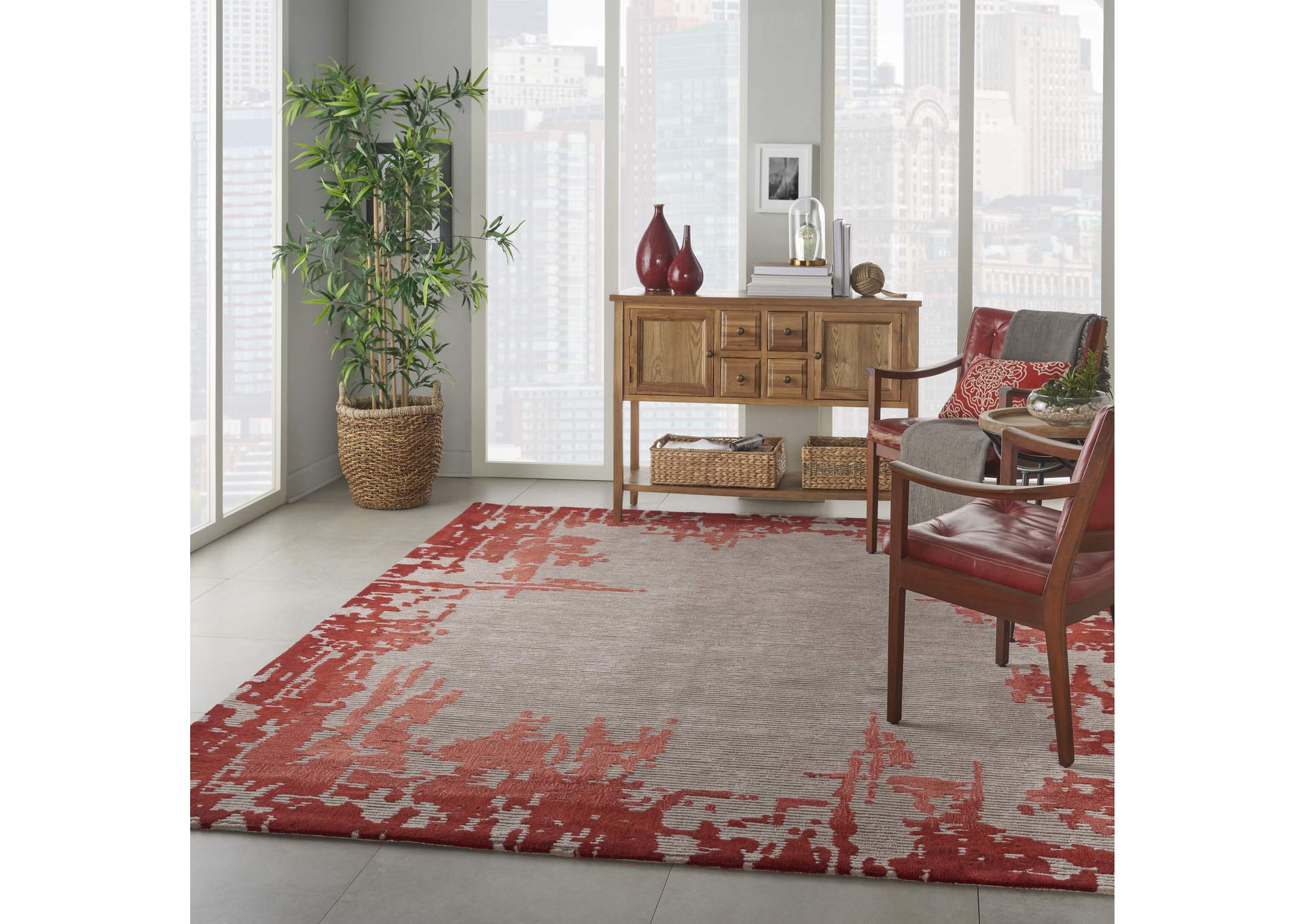 Nourison Symmetry SMM02 Ivory and Red 9'x12' Oversized Textured Rug,Nourison
