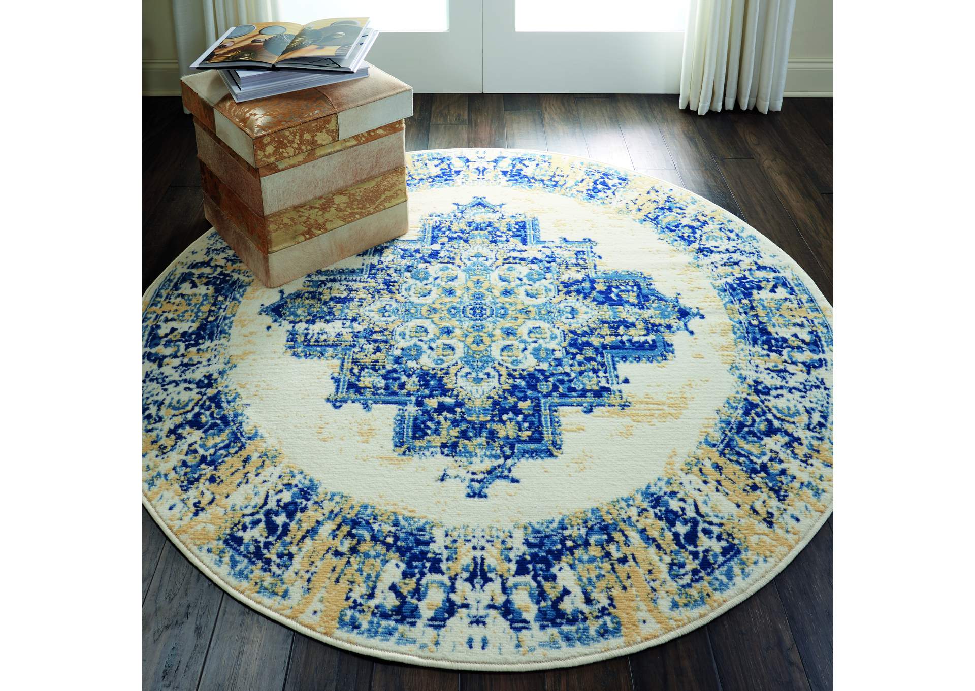 Nourison Grafix GRF14 White and Blue 5' Round Area Rug,Nourison