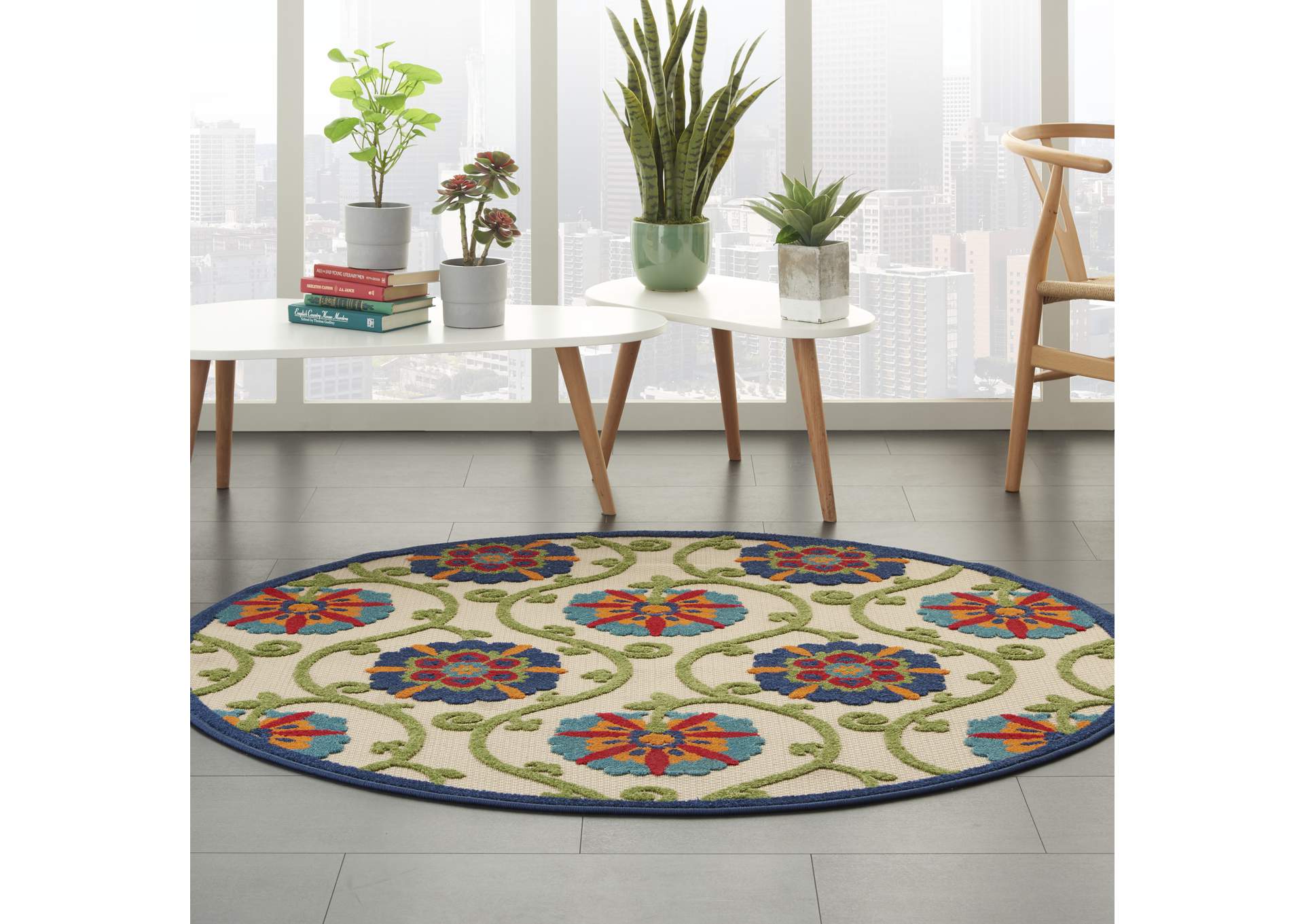 Nourison Aloha ALH19 5' Round Blue Multicolor Easy-care Indoor-outdoor Rug,Nourison