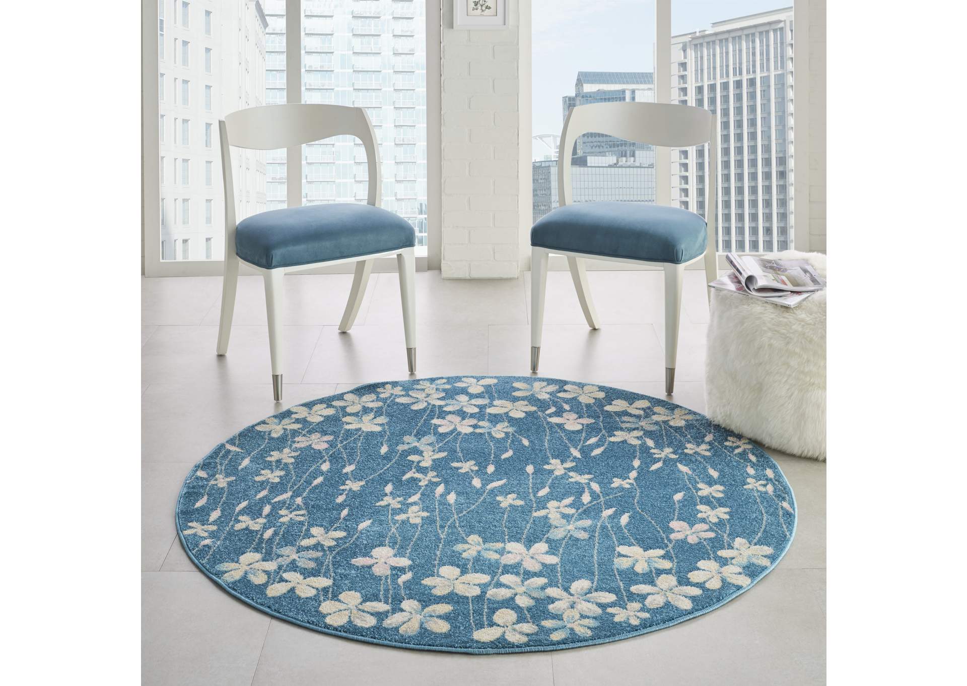 Nourison Tranquil TRA04 Turquoise Blue 5' Round Floral Area Rug,Nourison