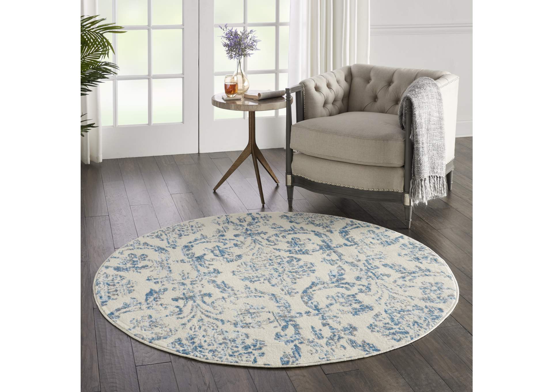 Nourison Jubilant JUB09 White and Blue 5' Round Farmhouse Area Rug,Nourison