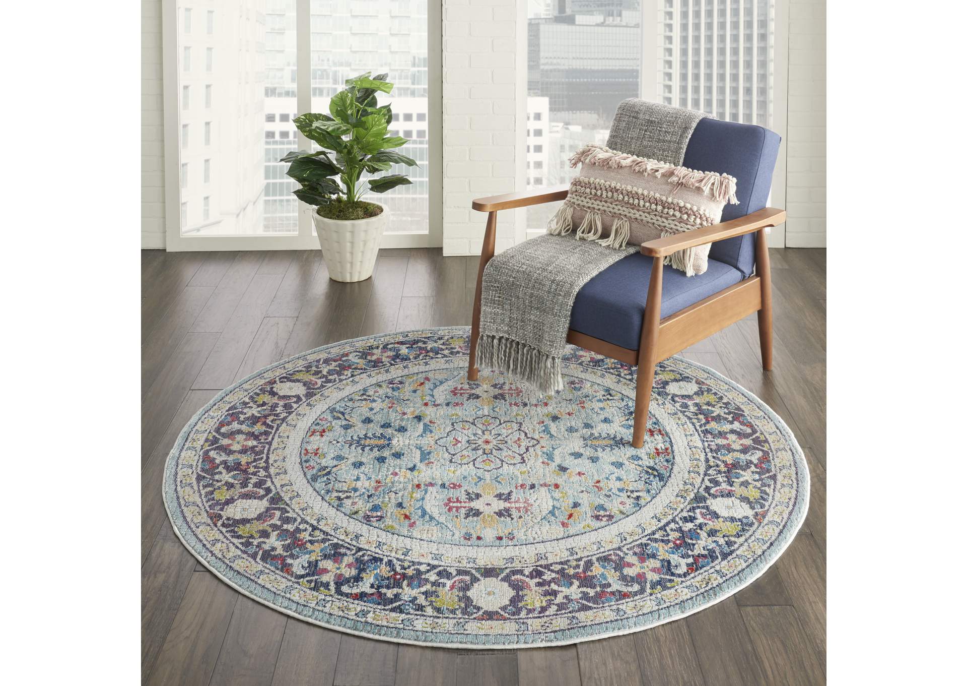 Nourison Ankara Global ANR14 Light Blue Multicolor 4' Round Persian Area Rug,Nourison