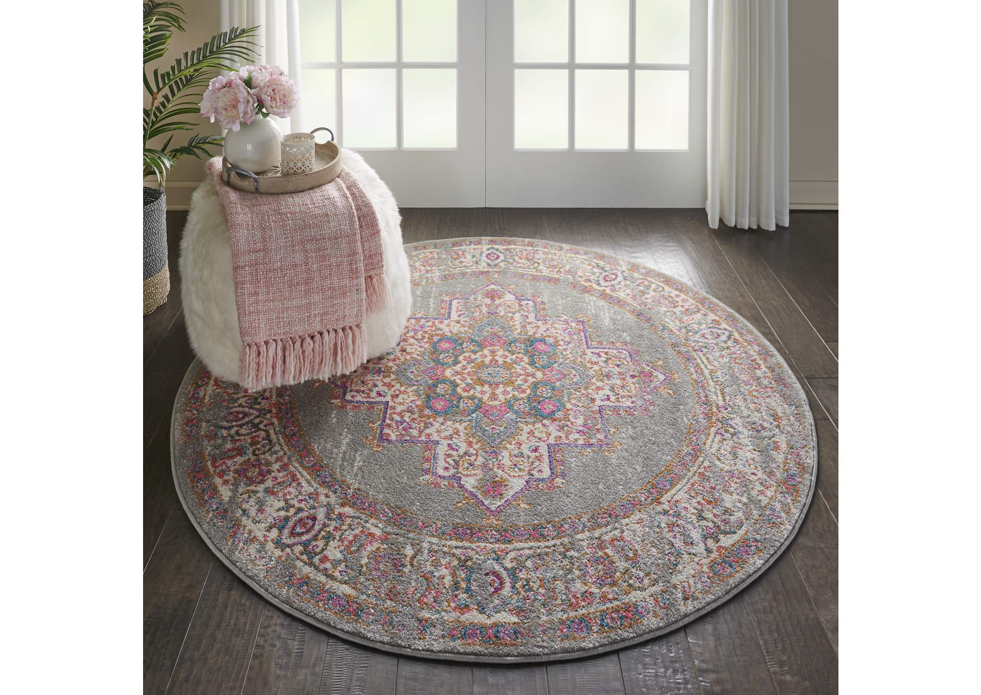 Nourison Passion PSN03 Grey 5' Round Vintage Area Rug,Nourison