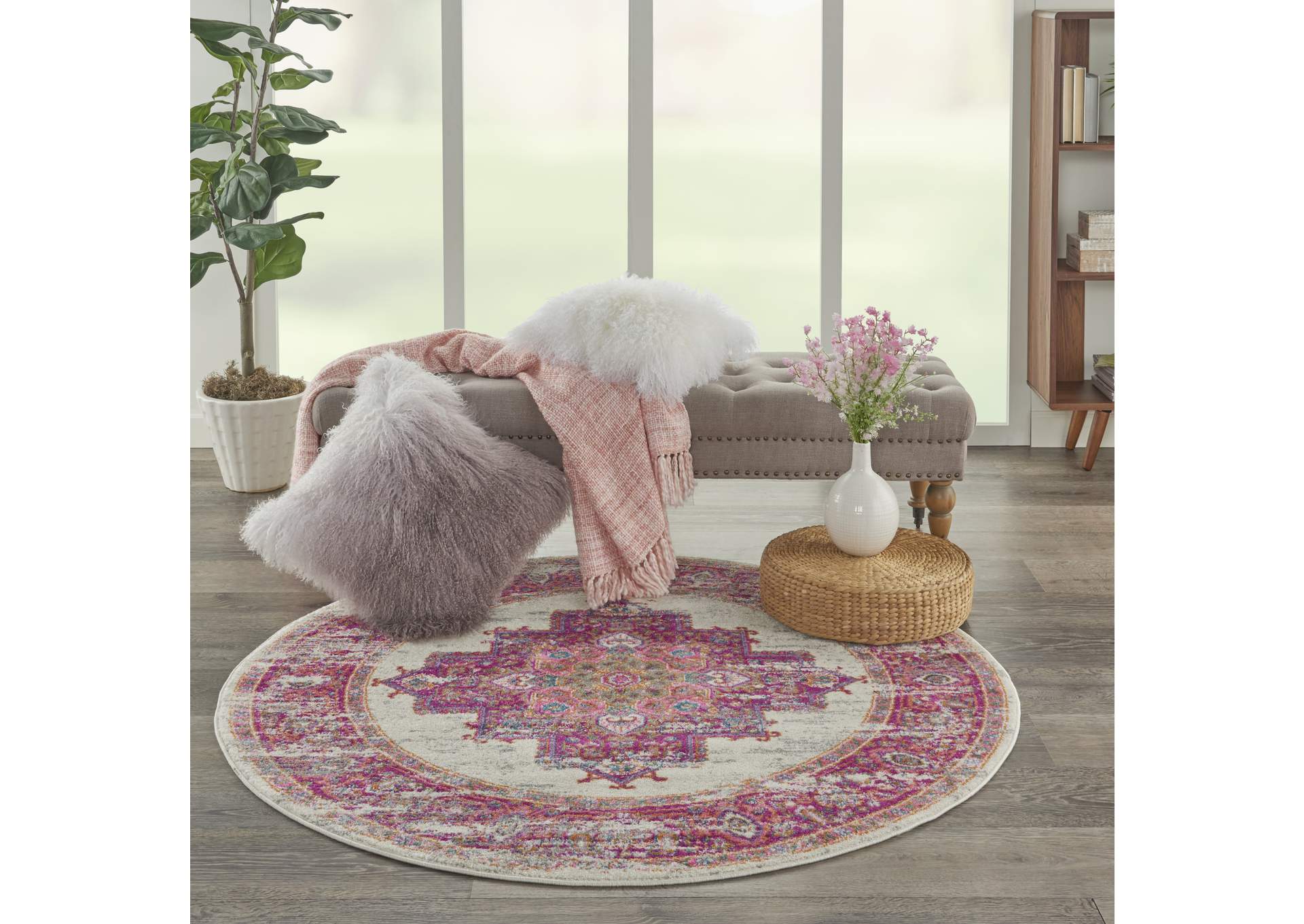 Nourison Passion PSN03 Pink and White 5' Round Vintage Area Rug,Nourison