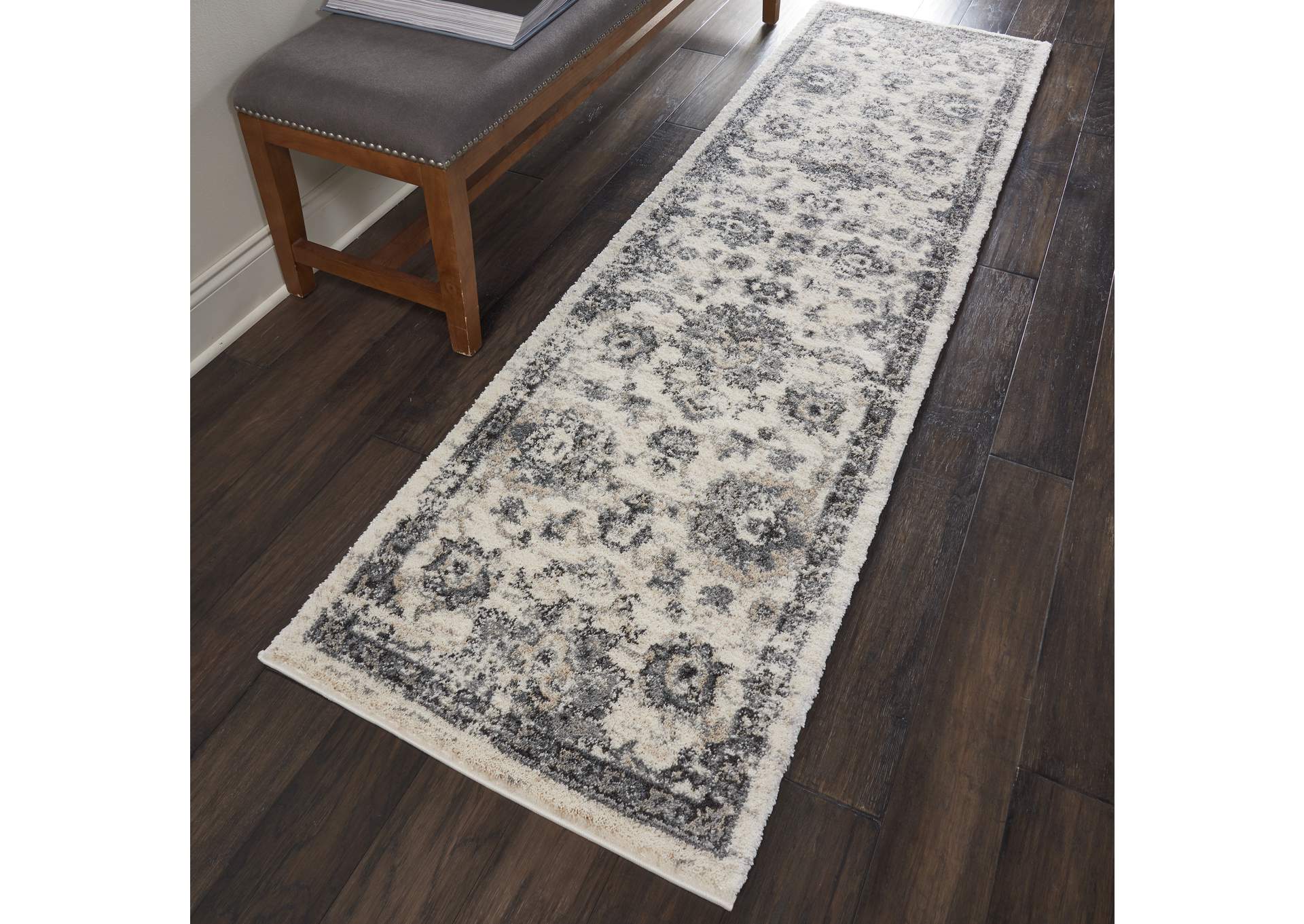 Nourison Fusion FSS15 Cream and Grey 8' Runner Plush Shag Hallway Rug,Nourison