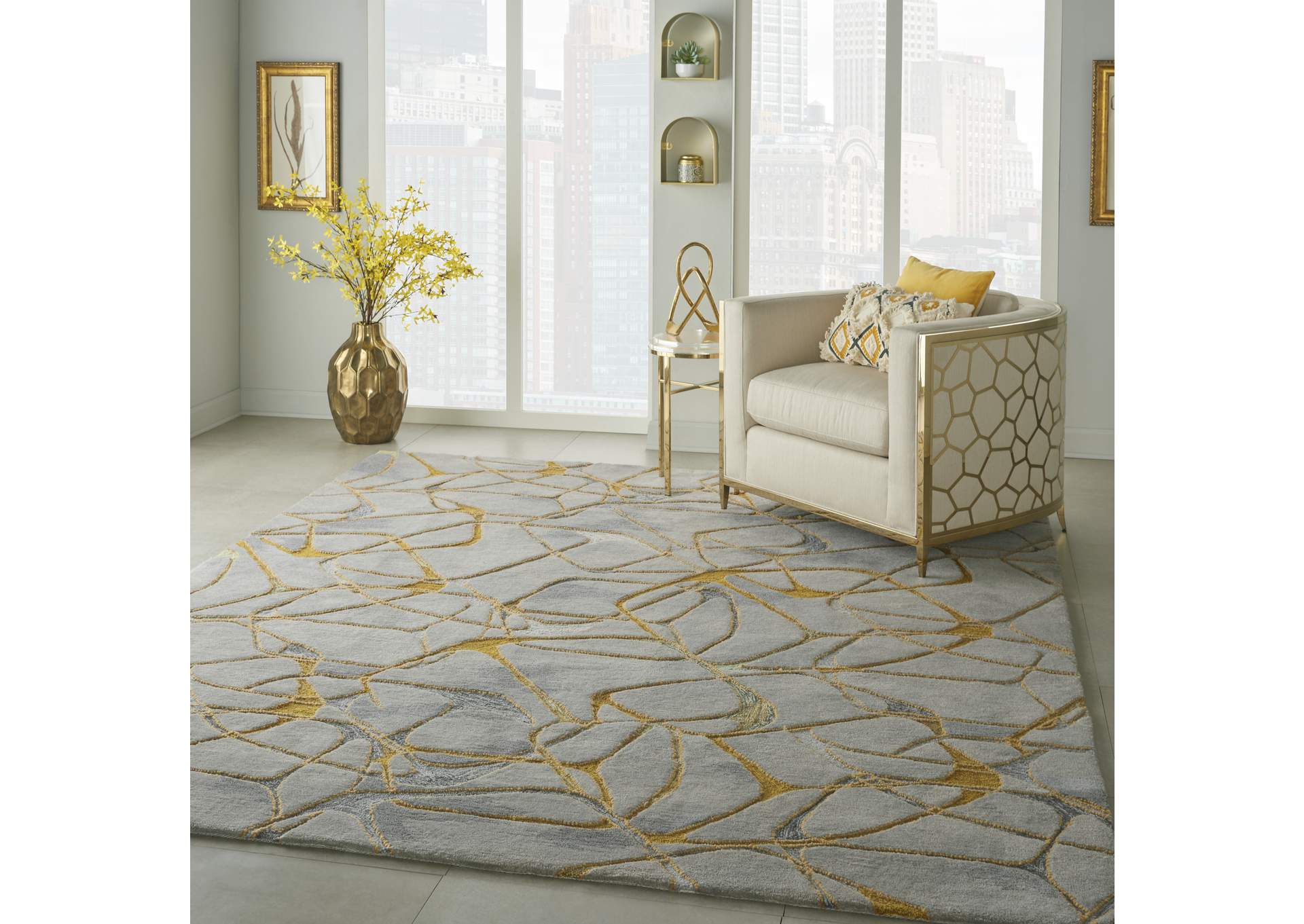 Nourison Symmetry SMM05 Gold and Grey 9'x12' Oversized Textured Rug,Nourison