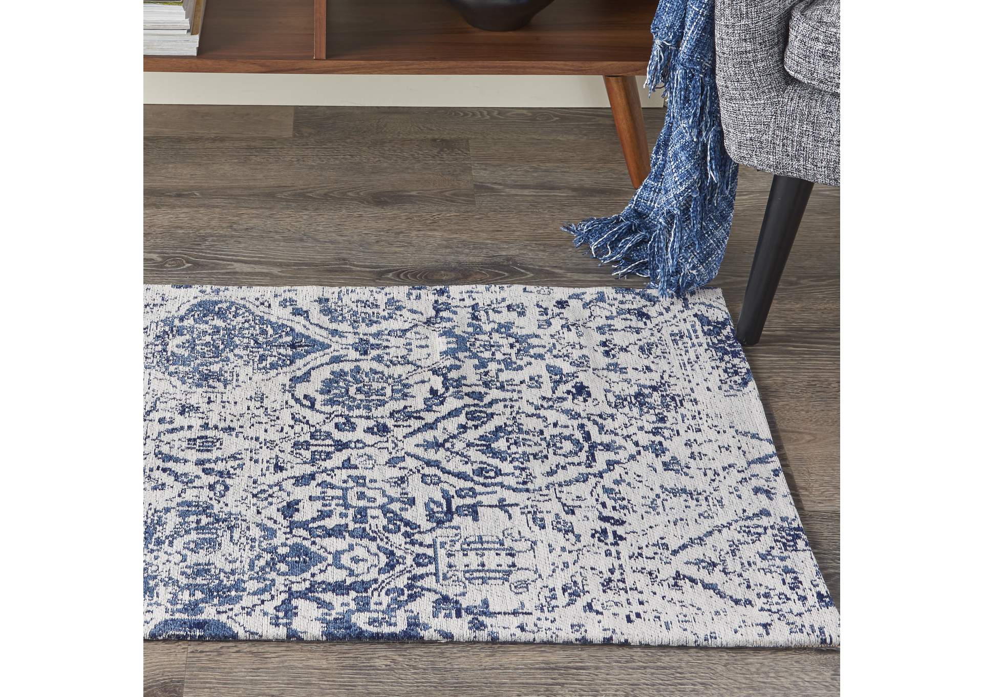 Nourison Damask 2' X 4' Dark Blue and White Vintage Area Rug,Nourison
