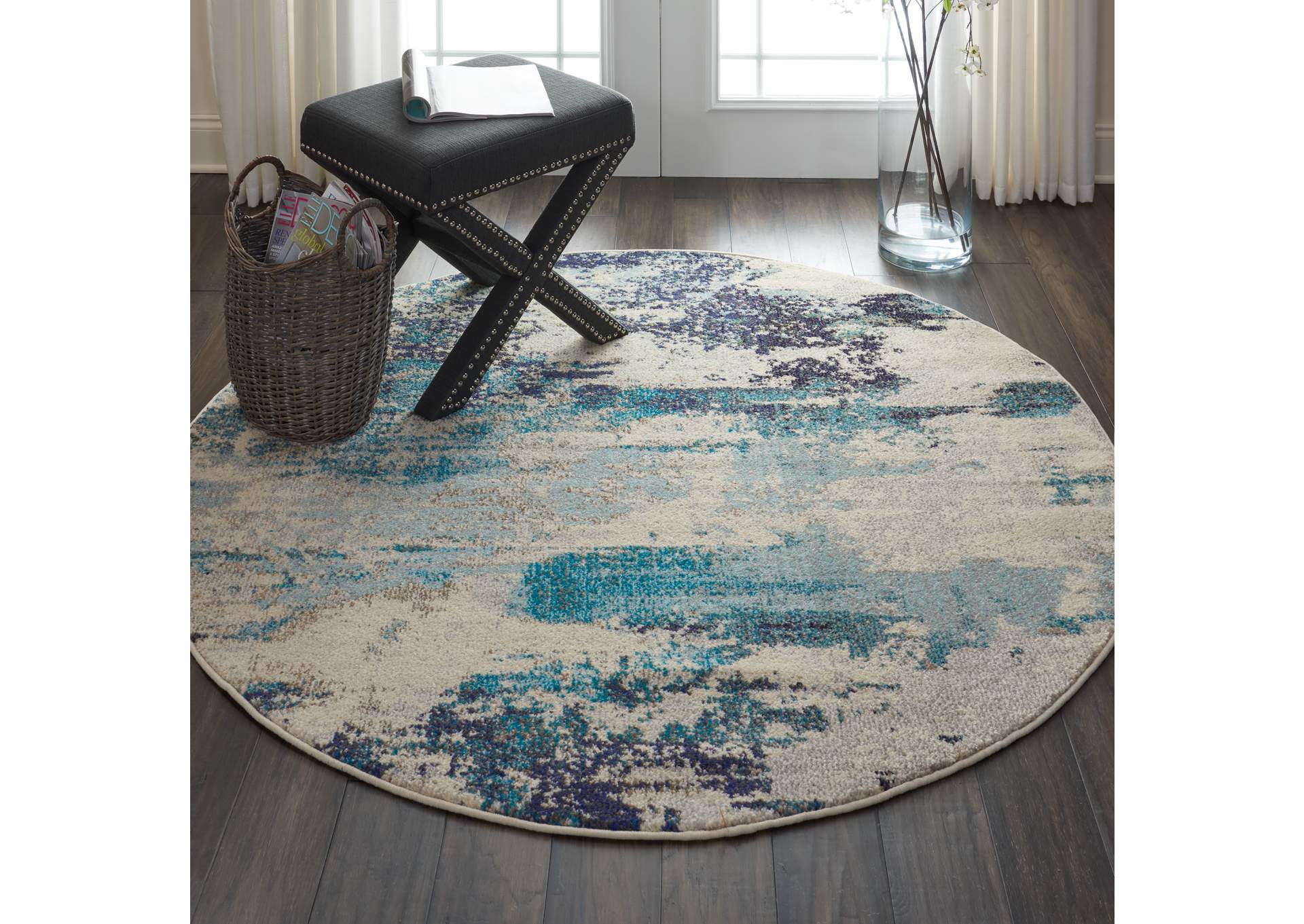 Nourison Celestial CES02 Blue and White 5' Round Beach Area Rug,Nourison