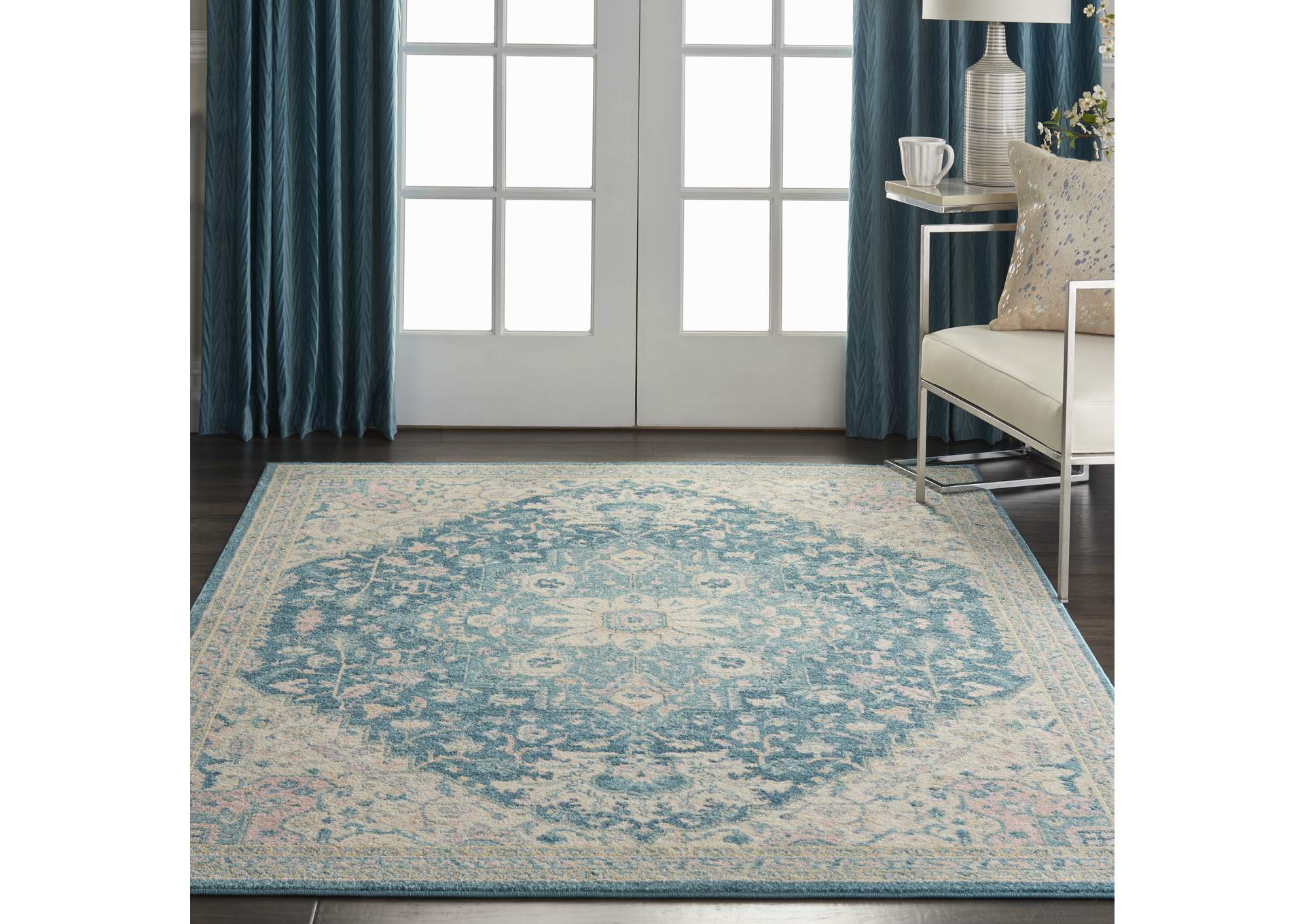 Nourison Tranquil TRA07 Turquoise Blue and White 5'x7' Oushak Area Rug,Nourison