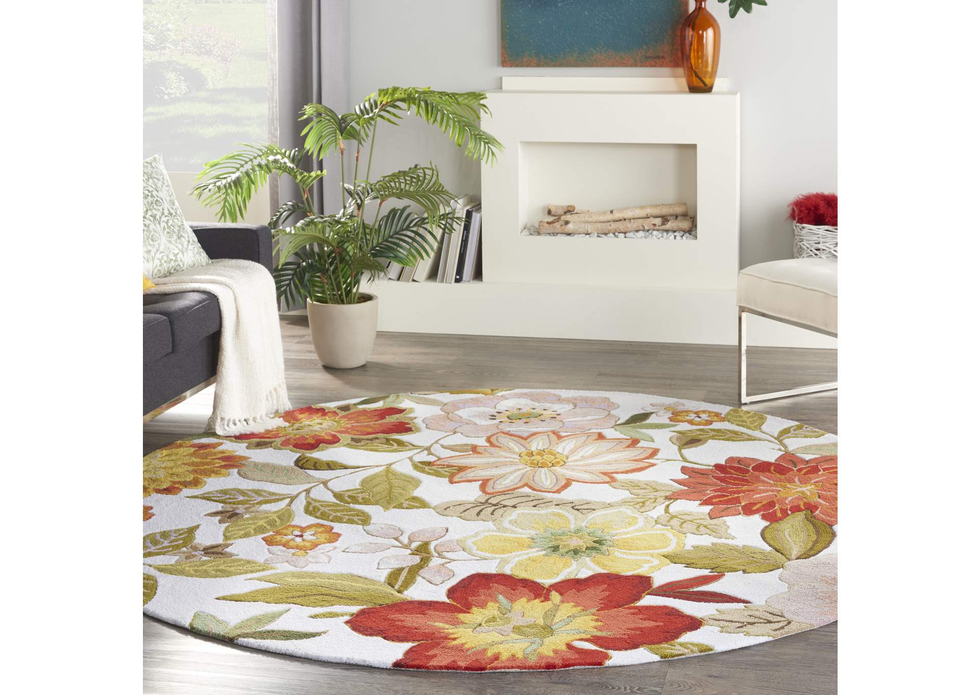 Nourison Fantasy FA18 White Multicolor 8' Round Rug,Nourison