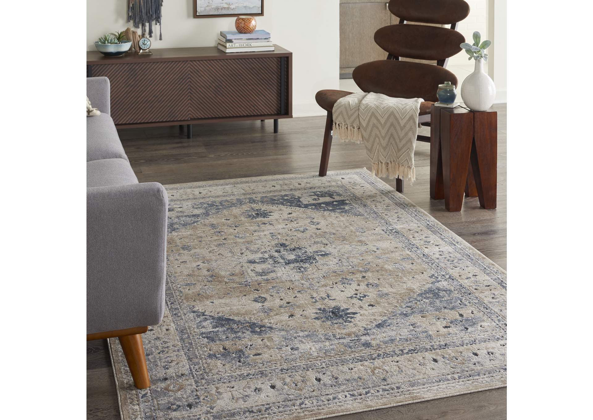 kathy ireland Home Malta MAI02 Beige and Blue 5'x8' Area Rug,Nourison