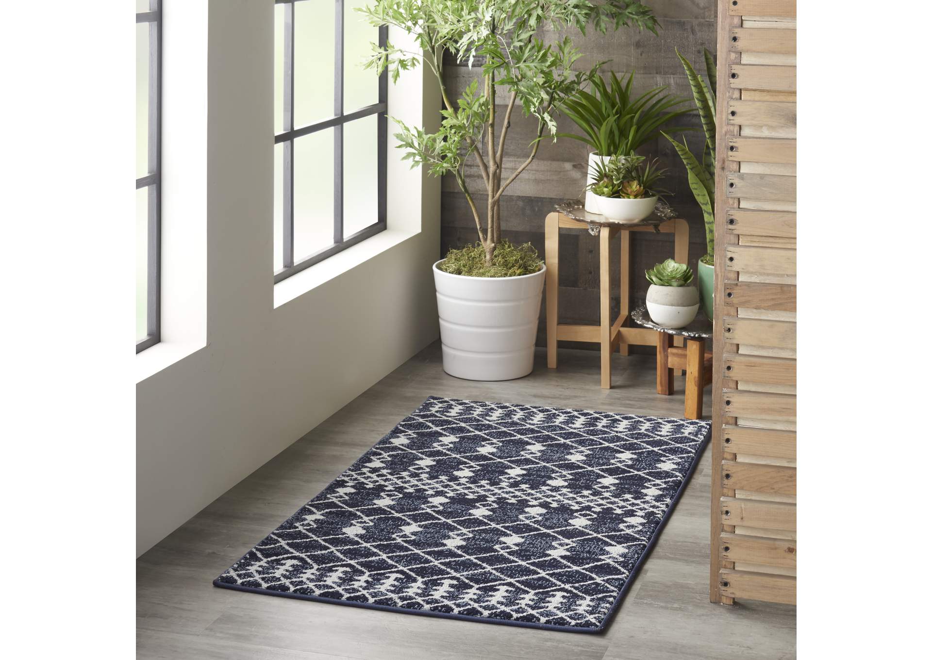 Nourison Palermo 2' x 4' Navy and Grey Distressed Bohemian Area Rug,Nourison