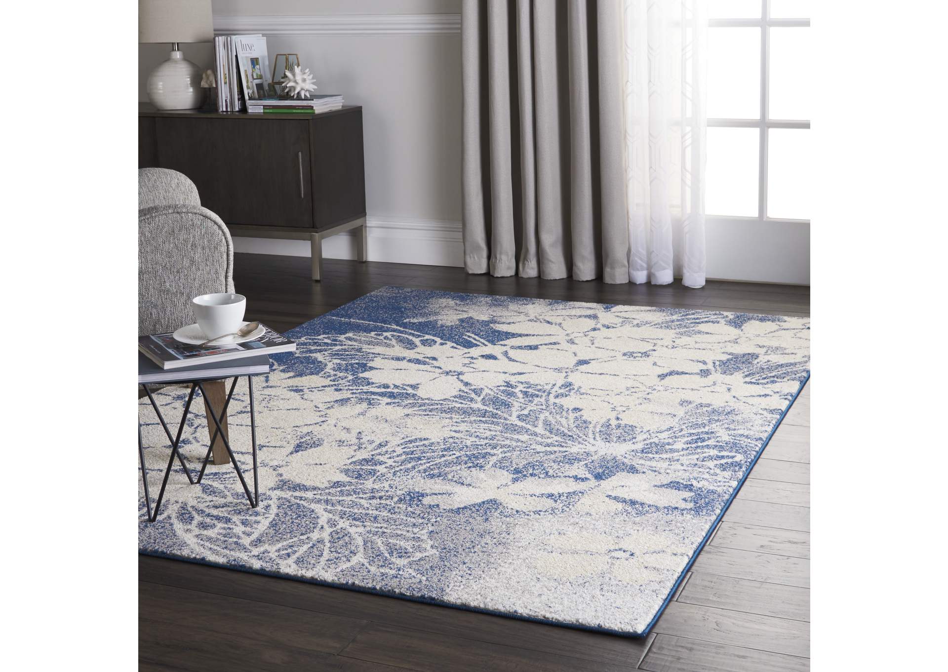 Nourison Tranquil TRA08 Navy Blue and Grey 4'x6' Ombre Floral Area Rug,Nourison