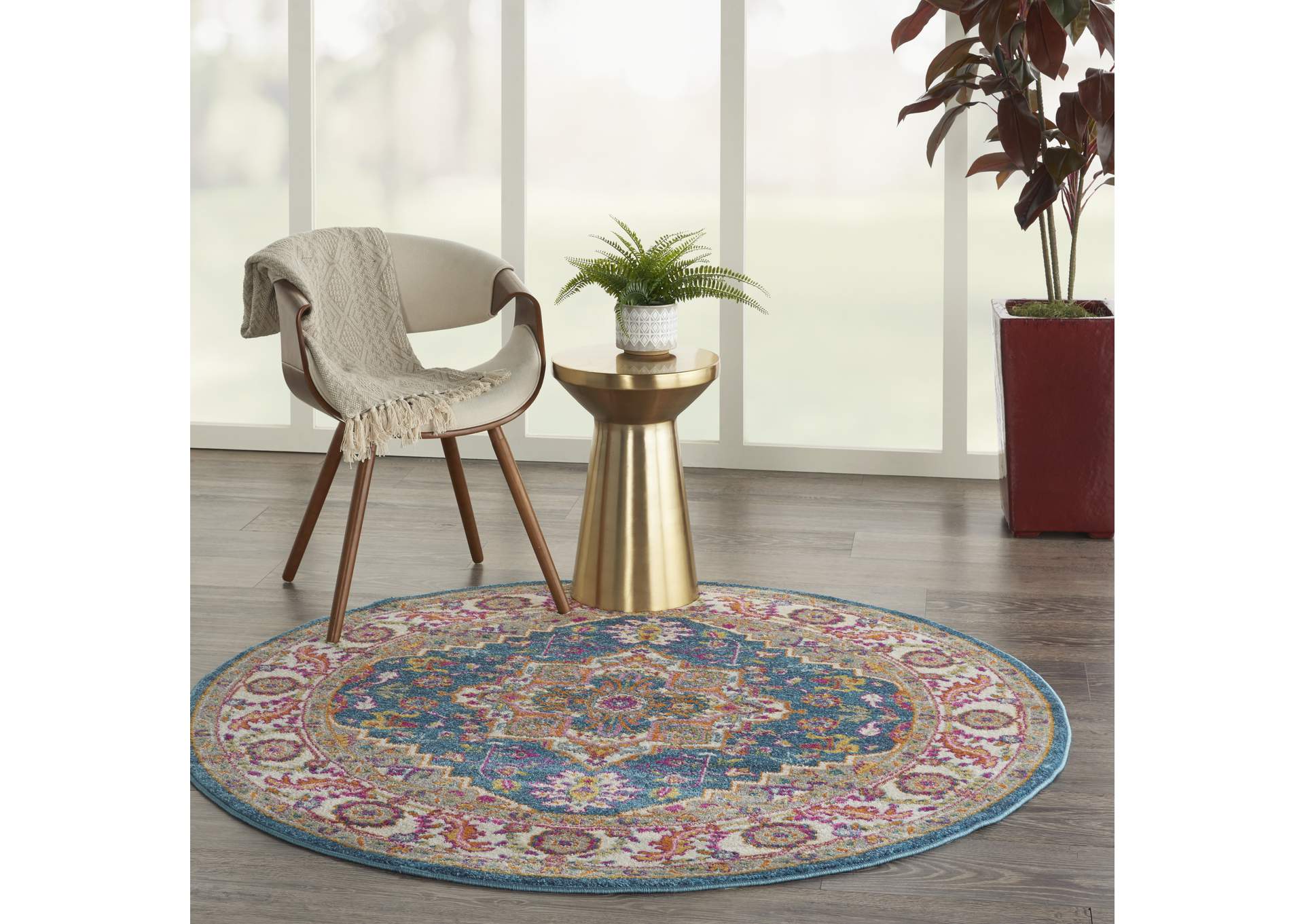 Nourison Passion PSN20 Teal Multicolor 5' Round Persian Area Rug,Nourison
