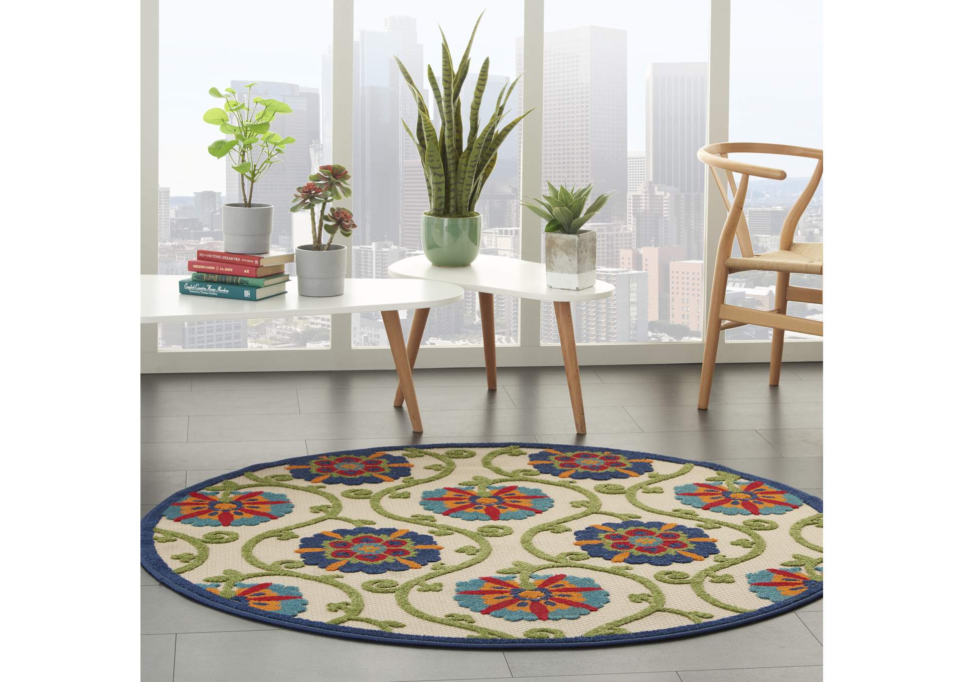 Nourison Aloha ALH19 5' Round Blue Multicolor Easy-care Indoor-outdoor Rug,Nourison