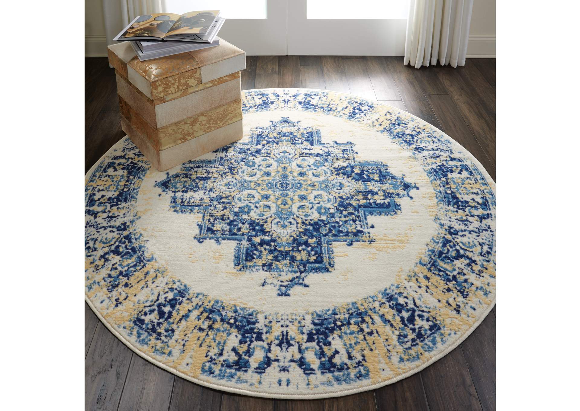 Nourison Grafix GRF14 White and Blue 5' Round Area Rug,Nourison