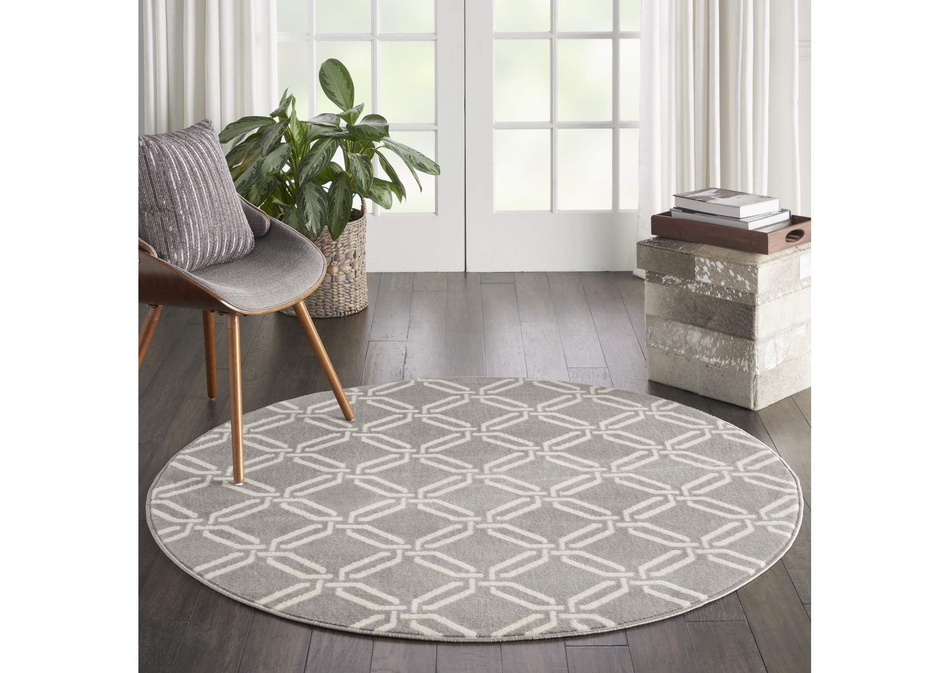 Nourison Jubilant JUB17 Grey 5' Round Mid-century Area Rug,Nourison