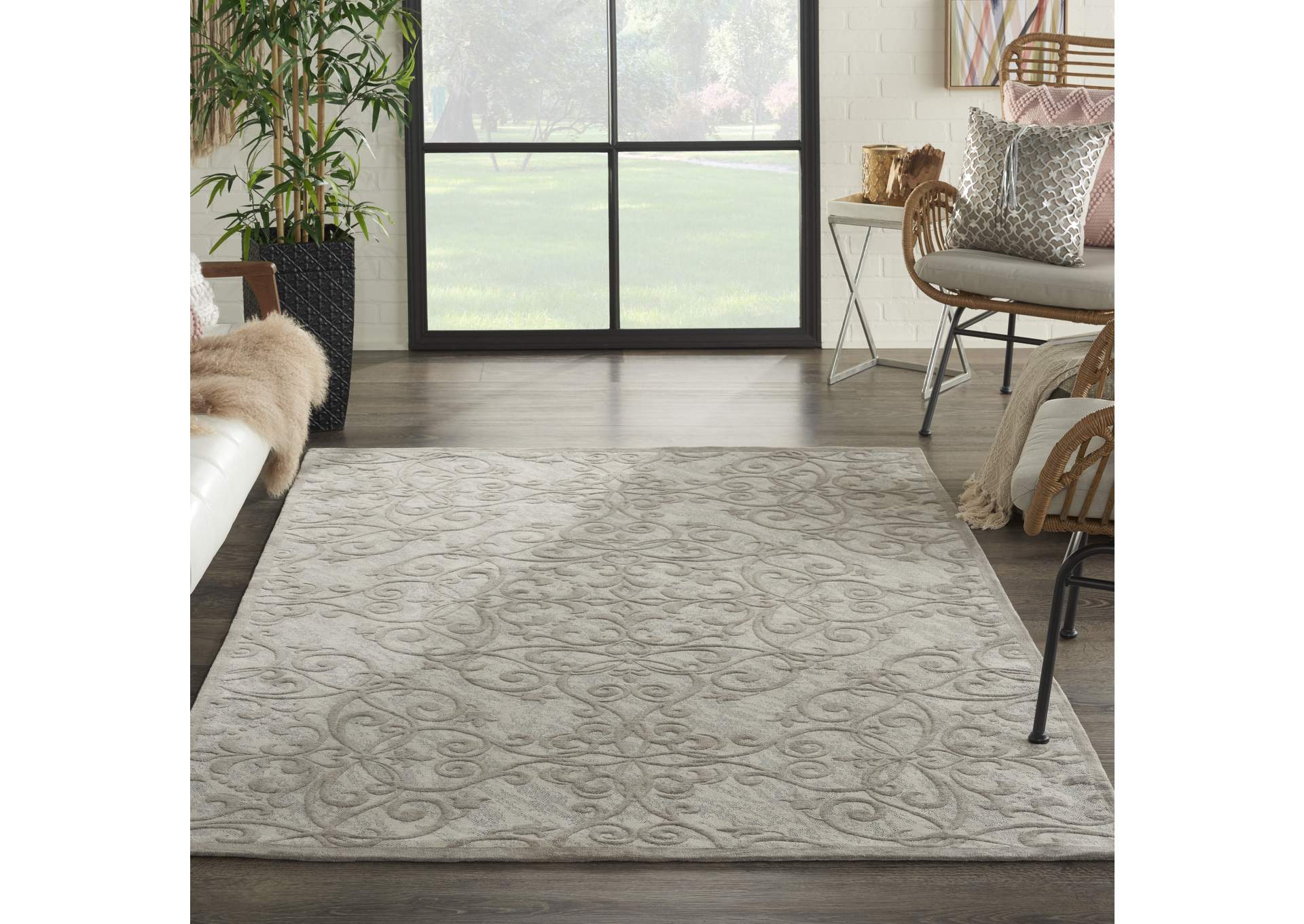 Nourison Damask DAS01 Grey and Ivory 5'x7' Vintage Area Rug,Nourison