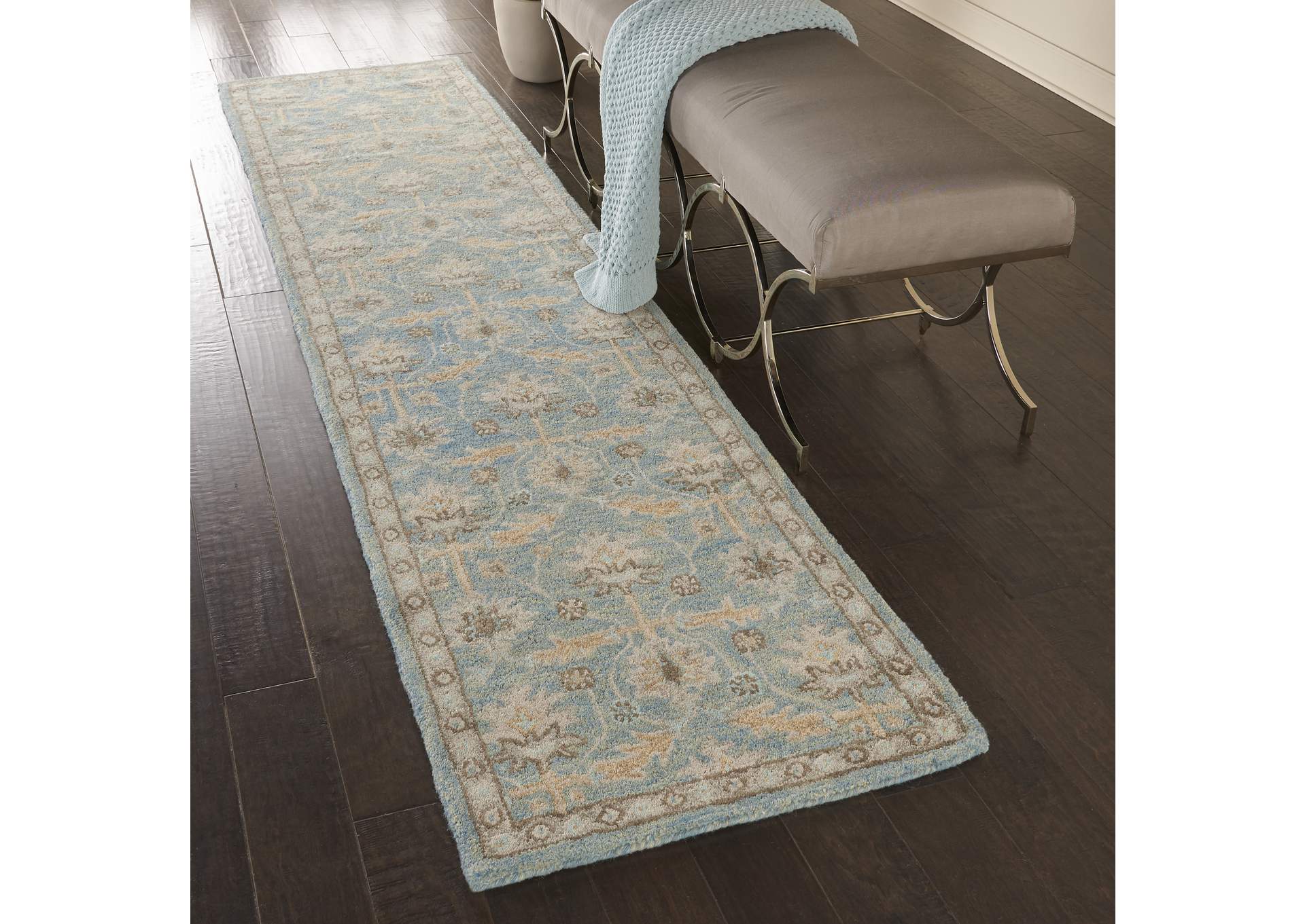 Nourison Jazmine JAZ02 Light Blue and Beige 10' Runner Wool Hallway Rug,Nourison