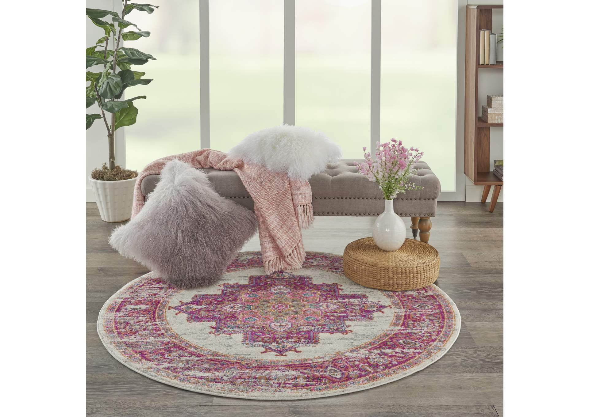 Nourison Passion PSN03 Pink and White 4' Round Vintage Area Rug,Nourison