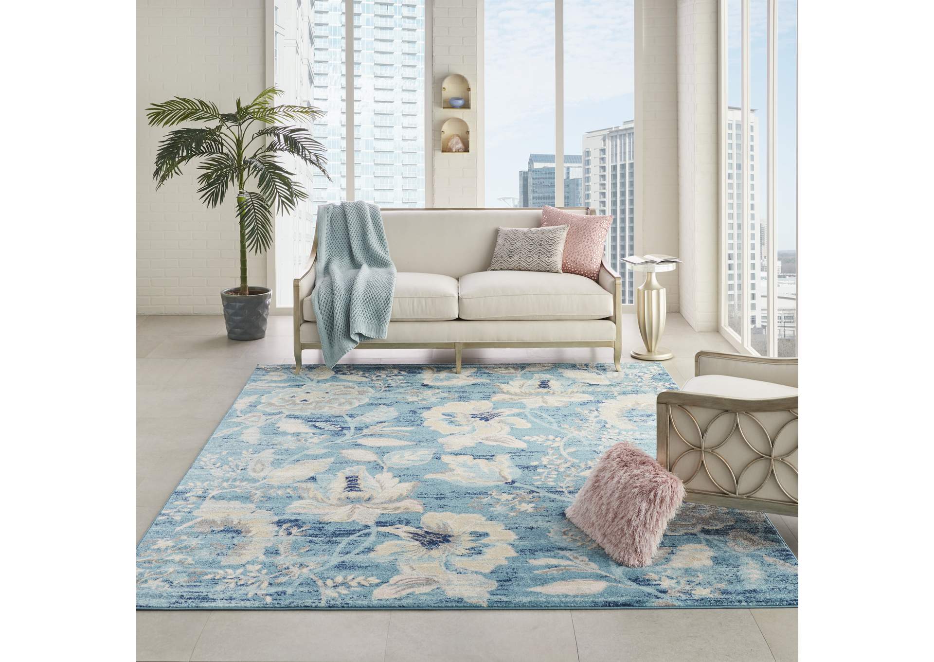 Nourison Tranquil TRA02 Turquoise Blue and White 9'x12' Oversized Rug,Nourison