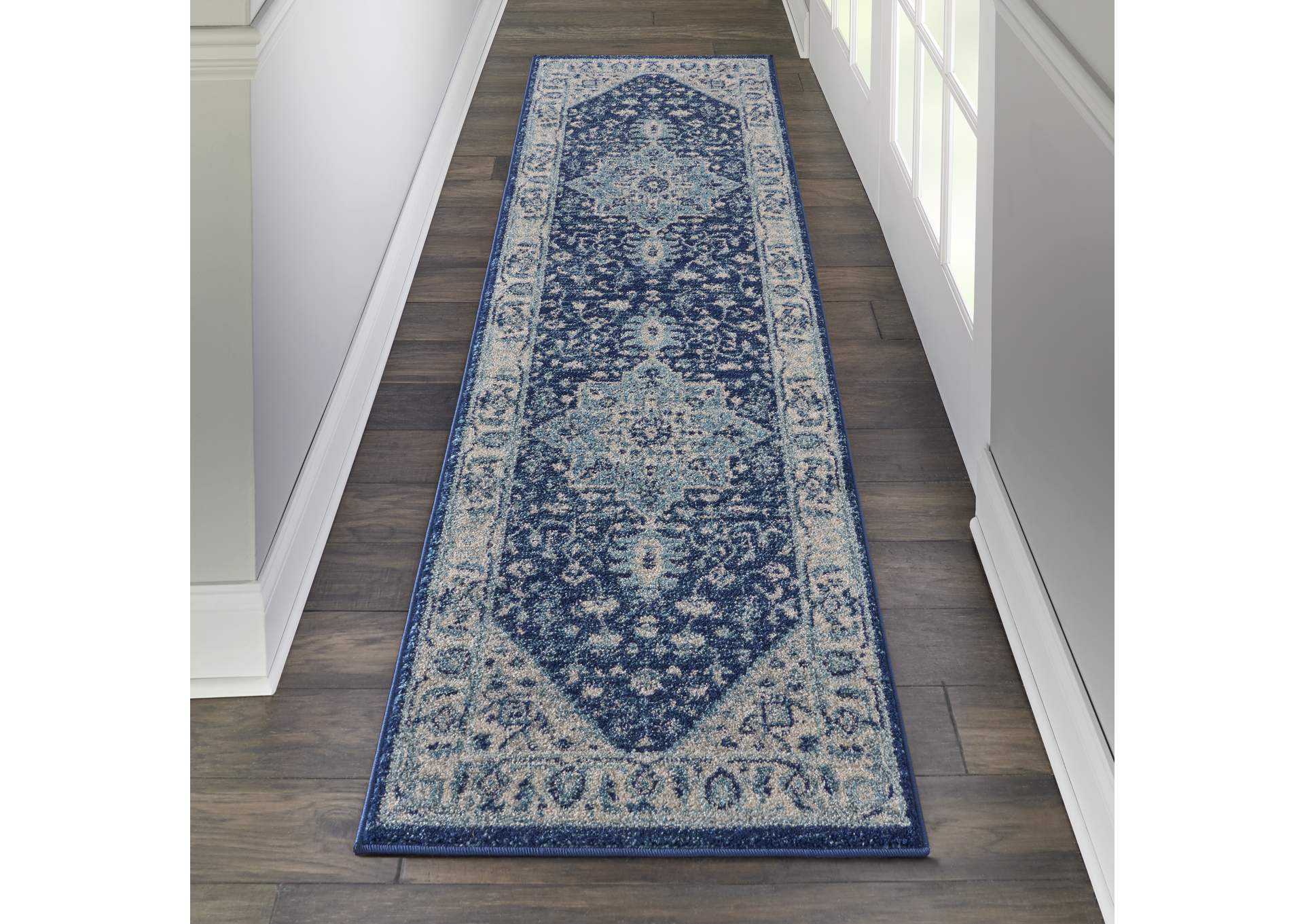 Nourison Tranquil TRA06 Blue and White 7' Runner Hallway Rug,Nourison