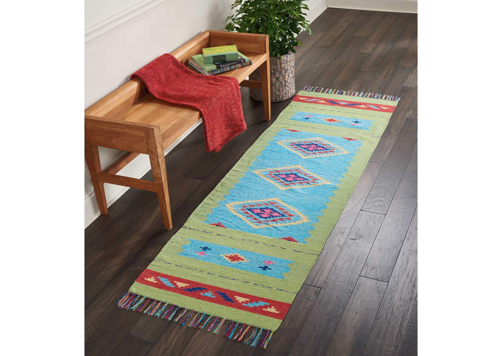 Nourison Baja BAJ02 Blue and Green 8' Runner Flat Weave Hallway Rug,Nourison