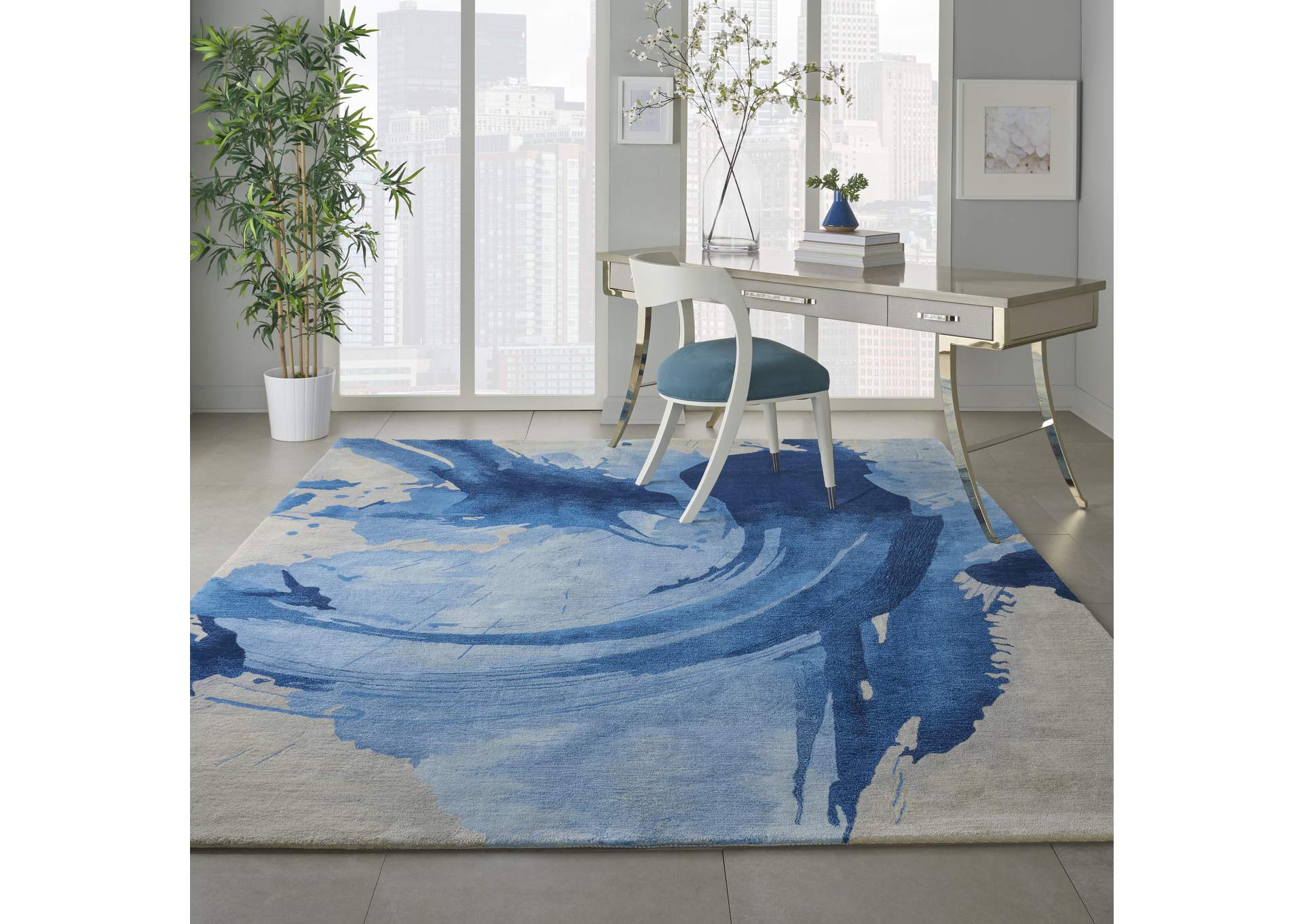 Nourison Symmetry SMM01 Navy Blue and Ivory 8'x10' Large Watercolor Rug,Nourison