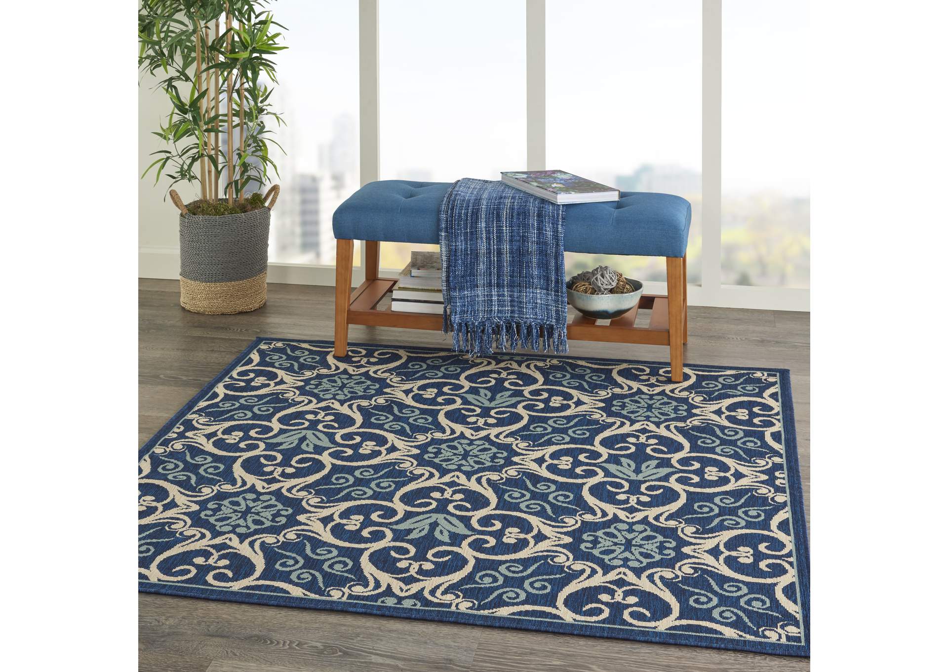 Nourison Caribbean CRB02 Navy Blue and White 5' Square Area Rug,Nourison