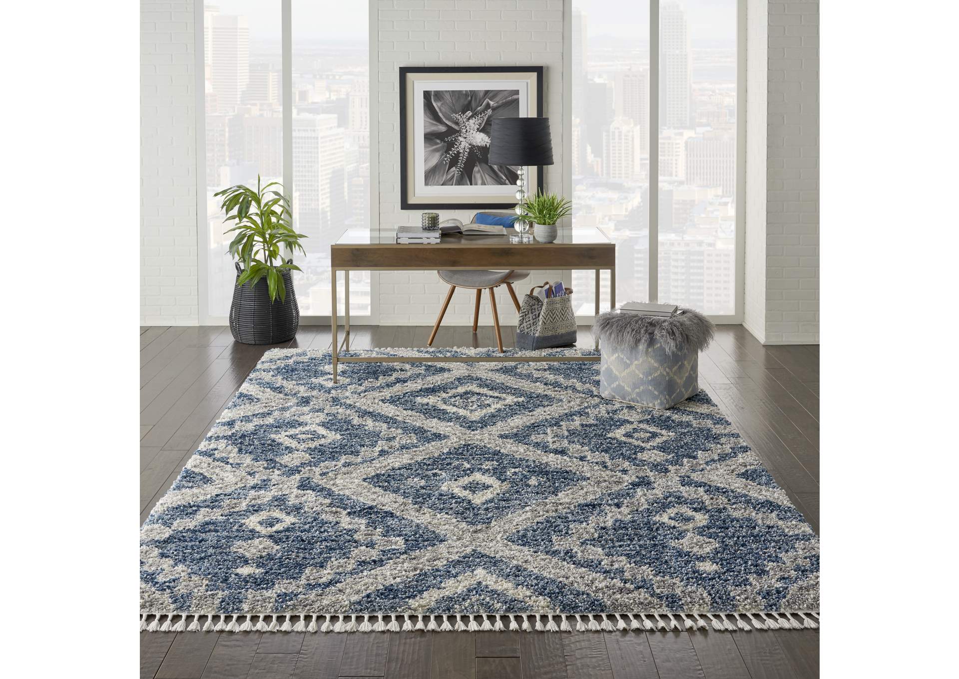 Nourison Oslo Shag OSL02 8'x11' Large Dark Blue and Grey Scandinavian Shag Rug,Nourison