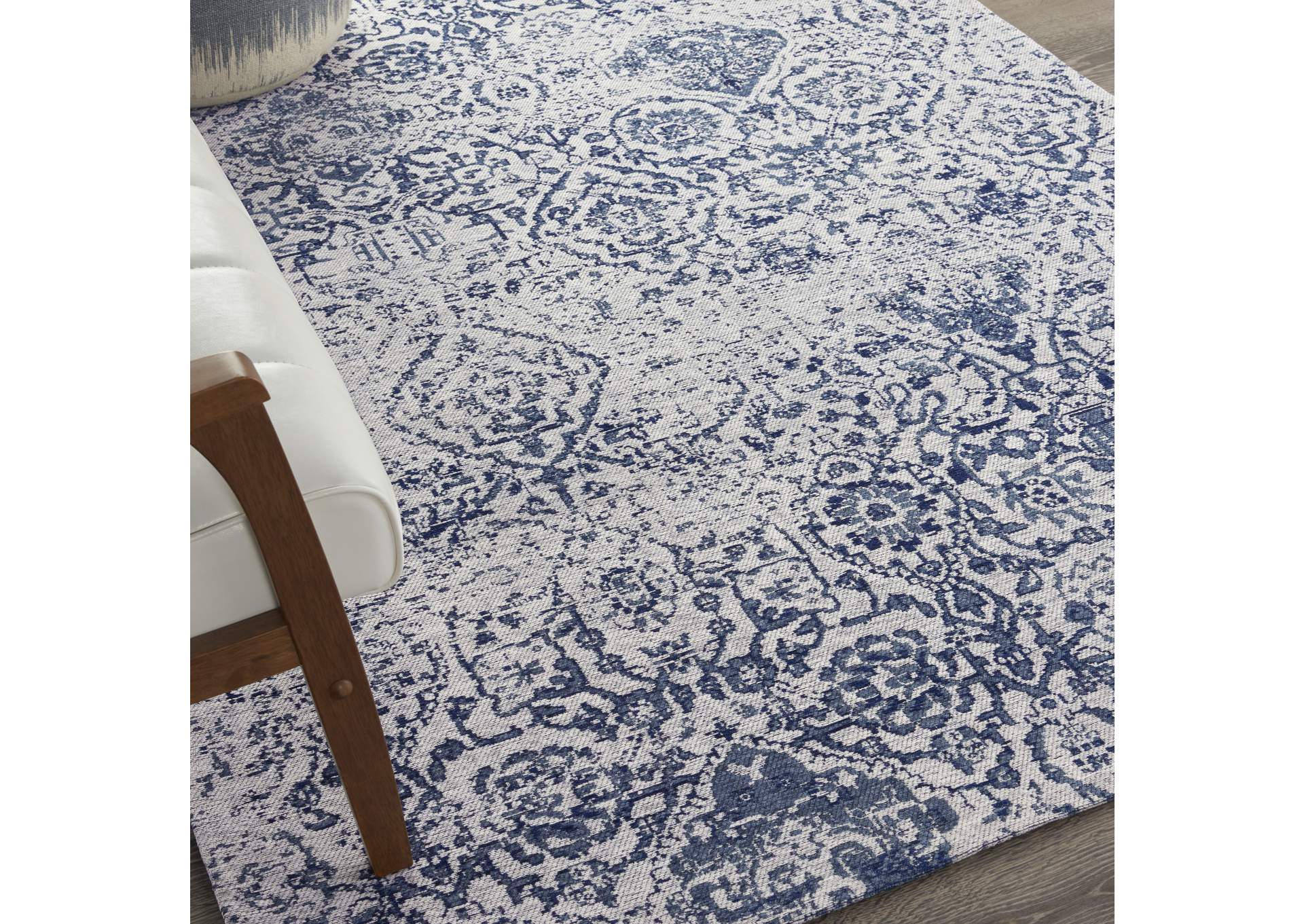 Nourison Damask DAS06 Dark Blue and White 5'x7' Vintage Area Rug,Nourison