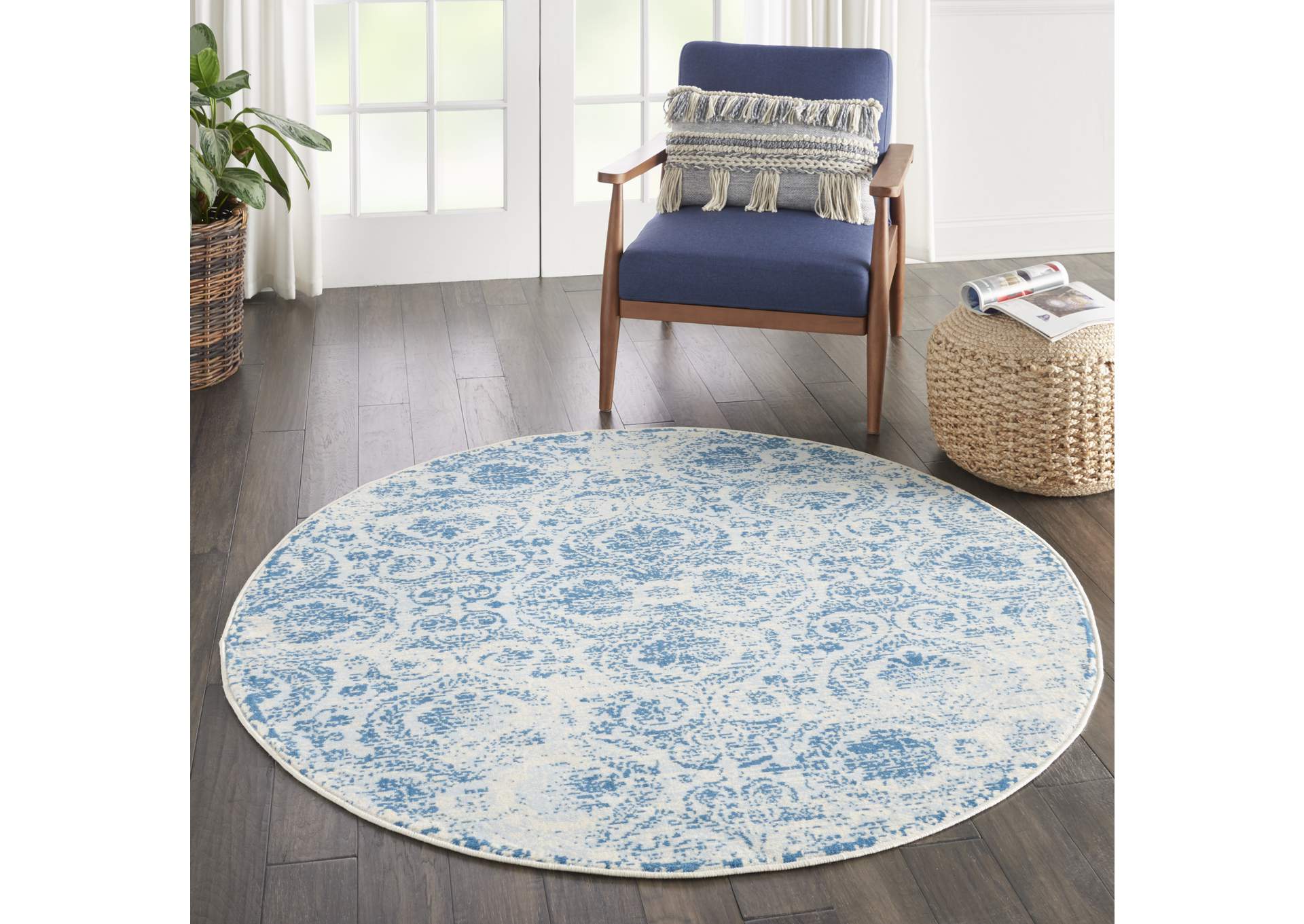 Nourison Jubilant JUB05 Teal Blue 5' Round Vintage Area Rug,Nourison
