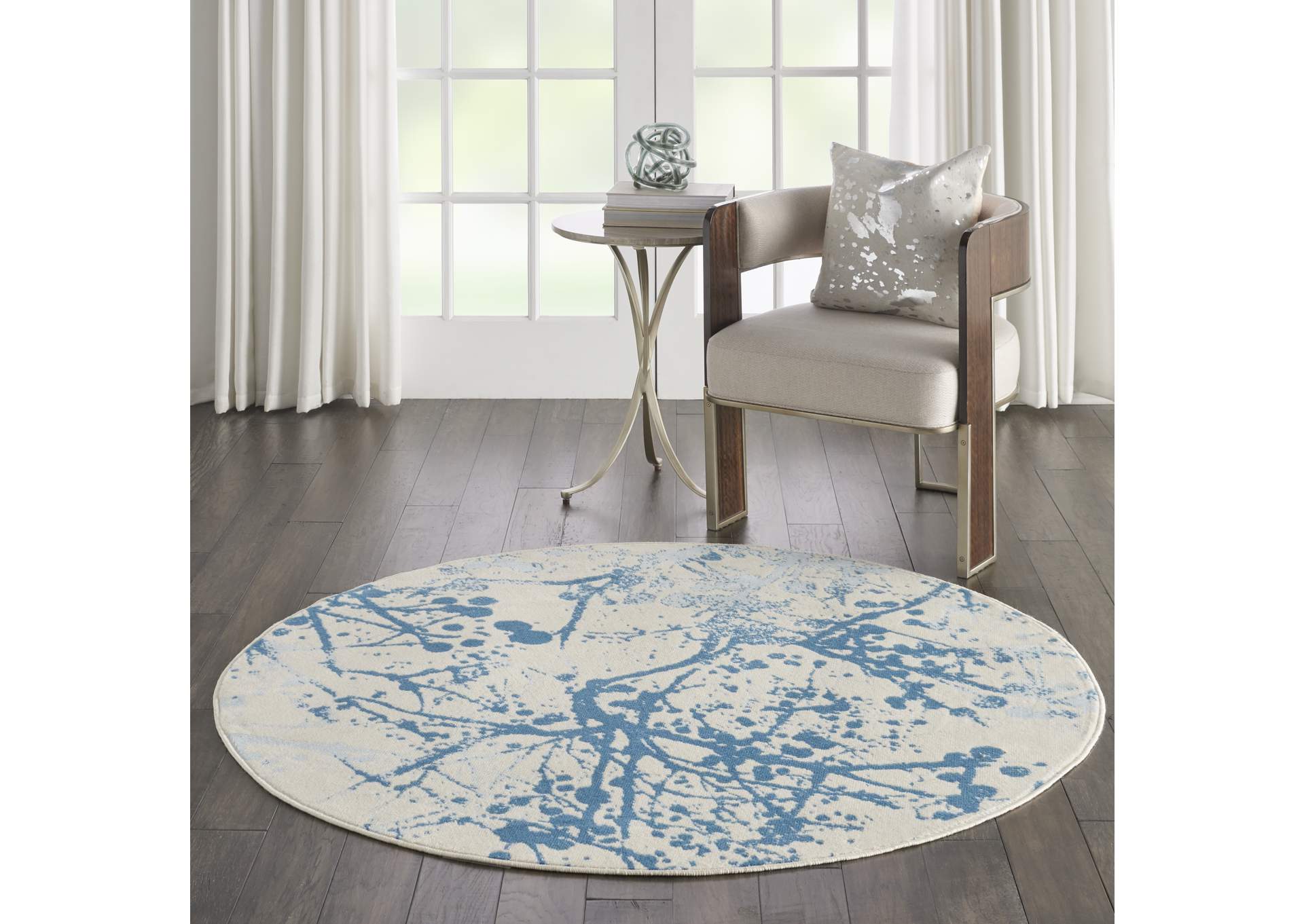 Nourison Jubilant JUB12 White and Blue 5' Round Contemporary Area Rug,Nourison