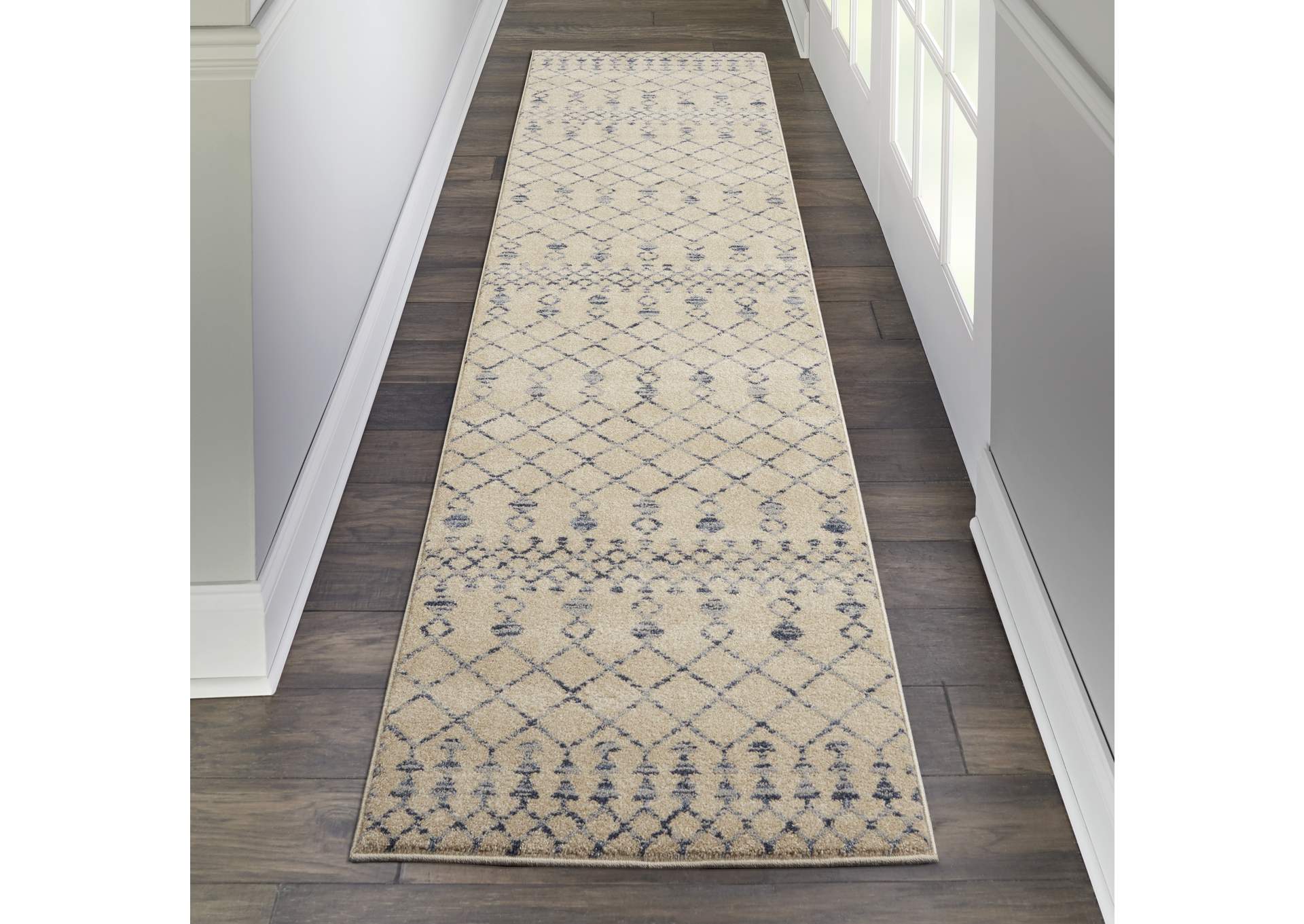Nourison Palermo 8' Runner Beige and Blue Distressed Bohemian Area Rug,Nourison