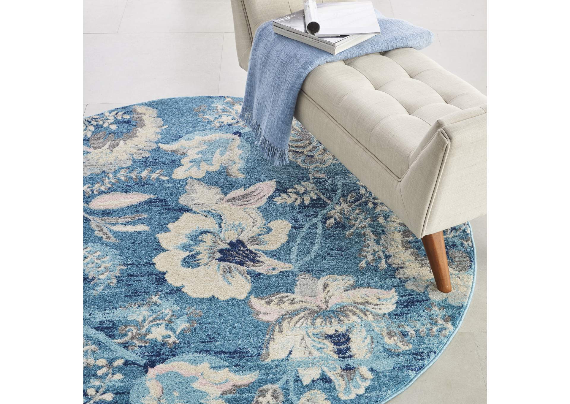 Nourison Tranquil TRA02 Turquoise Blue and White 5' Round French Country Area Rug,Nourison