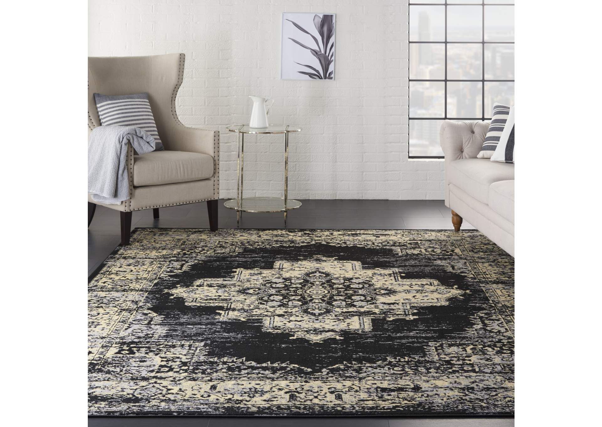 Nourison Grafix GRF14 Black and White 8'x10' Large Rug,Nourison