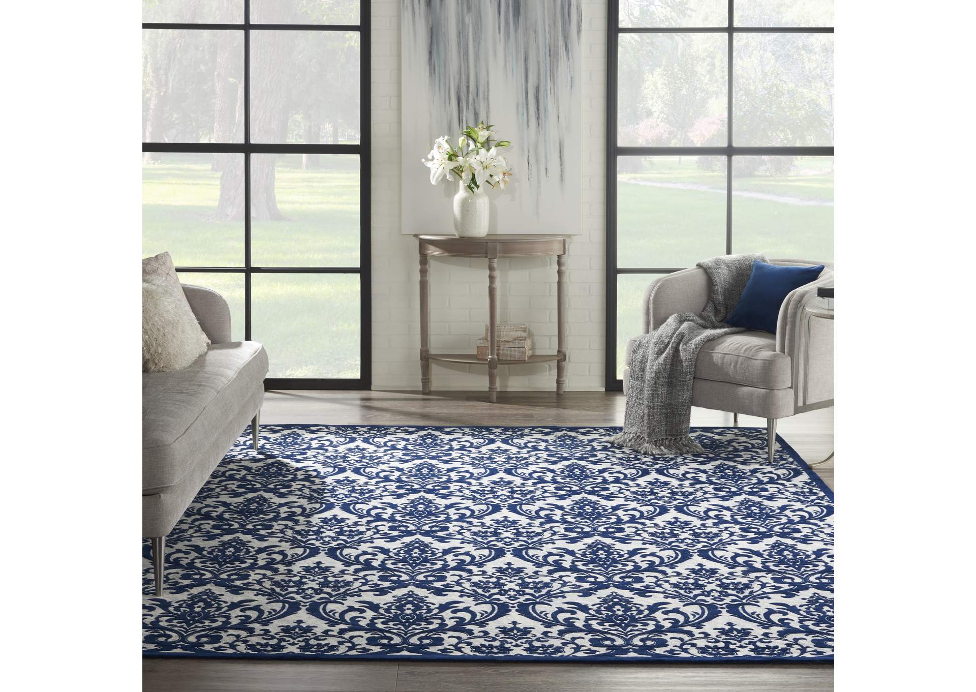 Nourison Damask DAS02 Dark Blue and White 8'x10' Large Flat Rug,Nourison