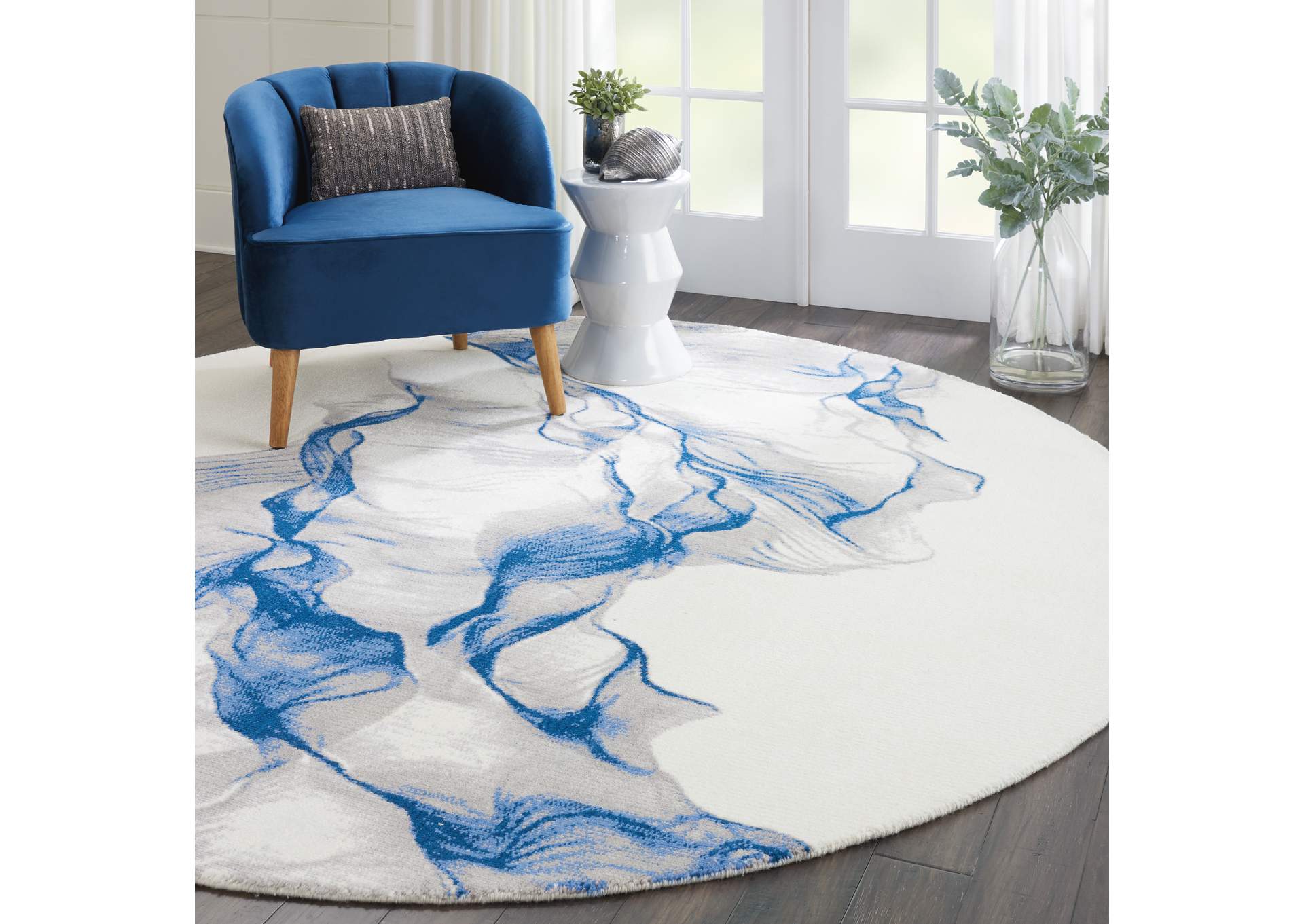 Nourison Twilight TWI27 Ivory and Blue 8' Round Oversized Rug,Nourison