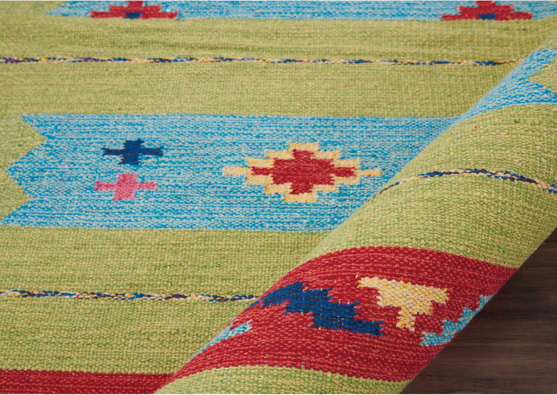 Nourison Baja BAJ02 Blue and Green 8' Runner Flat Weave Hallway Rug,Nourison