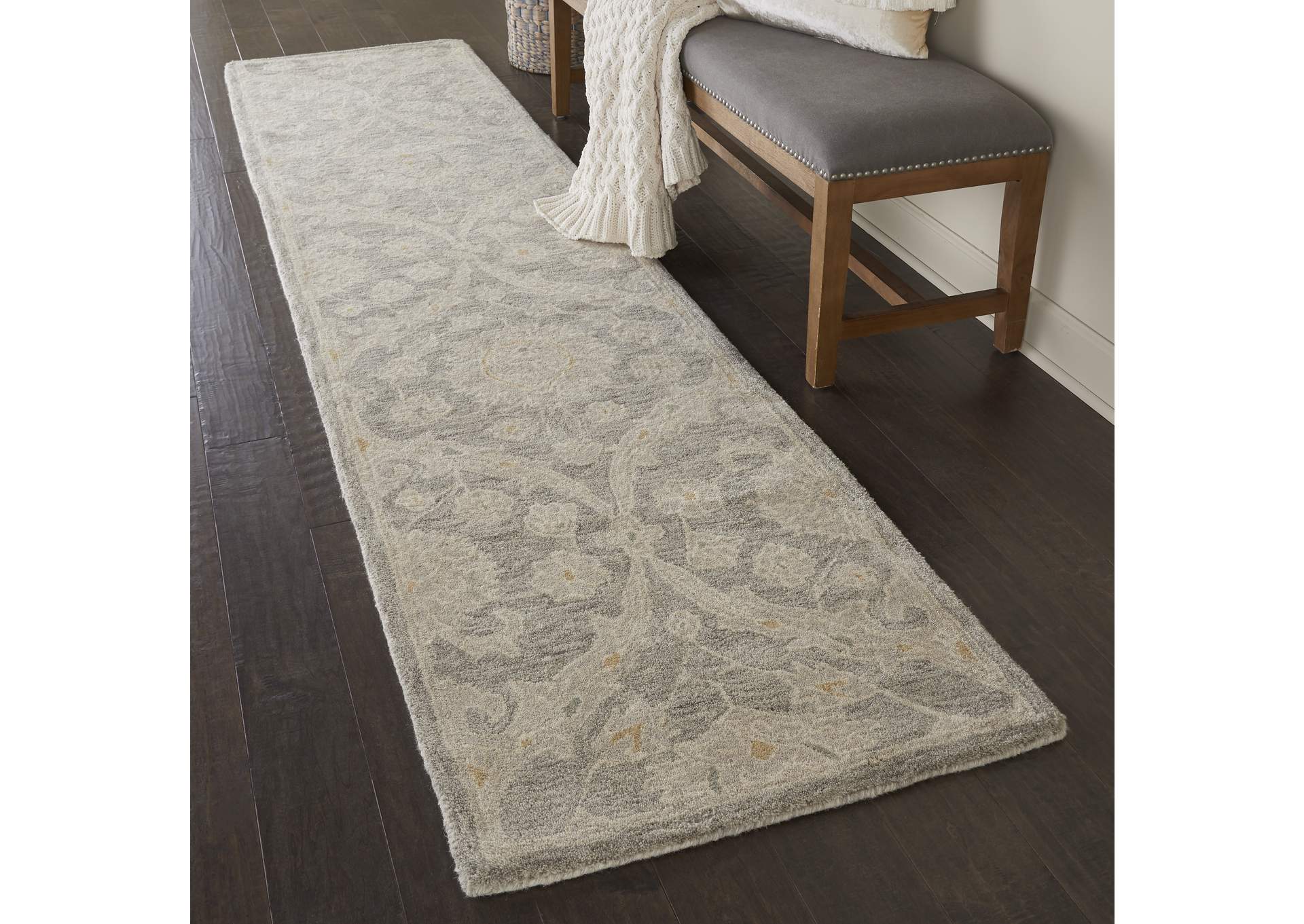 Nourison Jazmine JAZ03 Grey 10' Runner Wool Hallway Rug,Nourison
